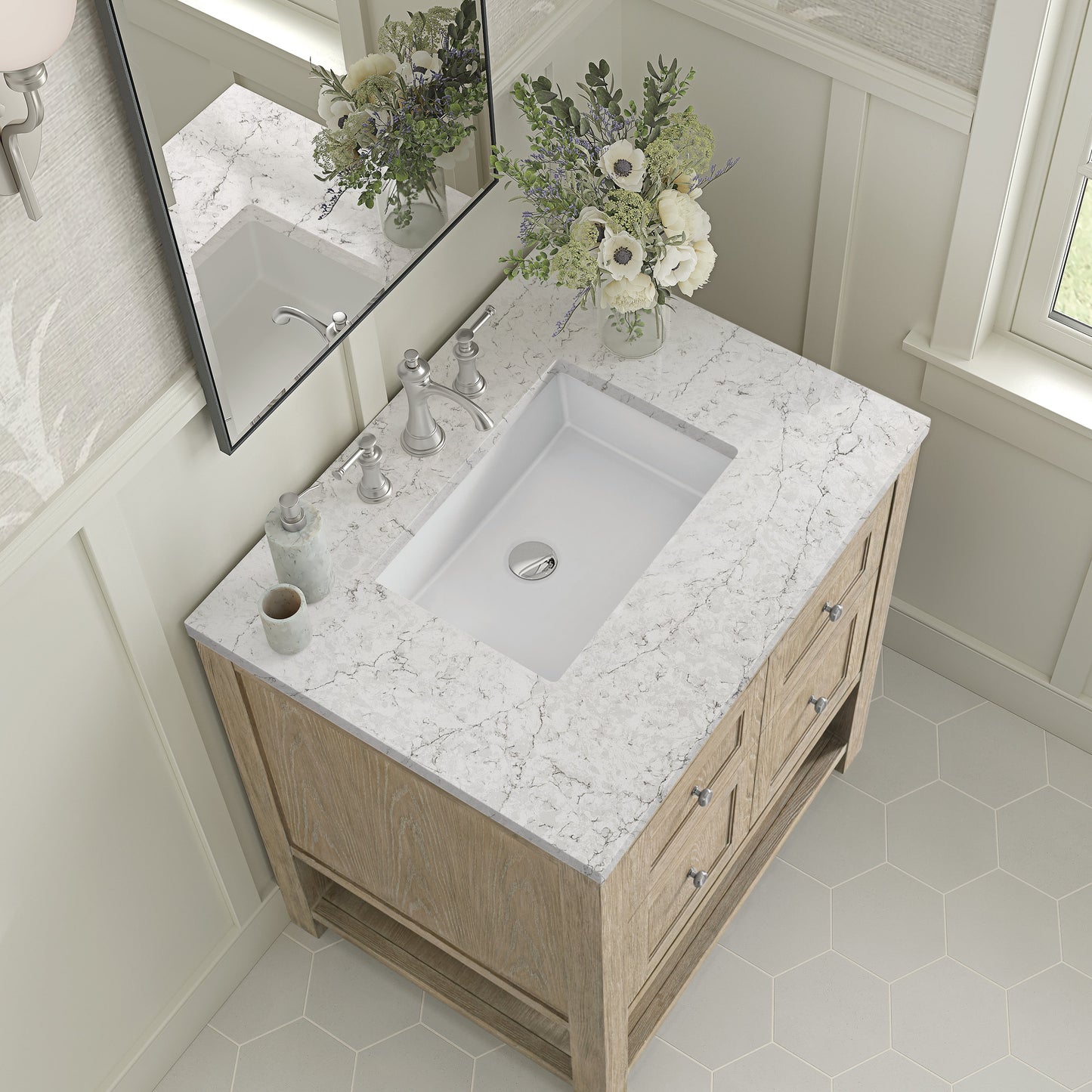 James Martin Vanities Breckenridge 30" Whitewashed Oak Single Vanity With 3 cm Eternal Jasmine Pearl Quartz Top