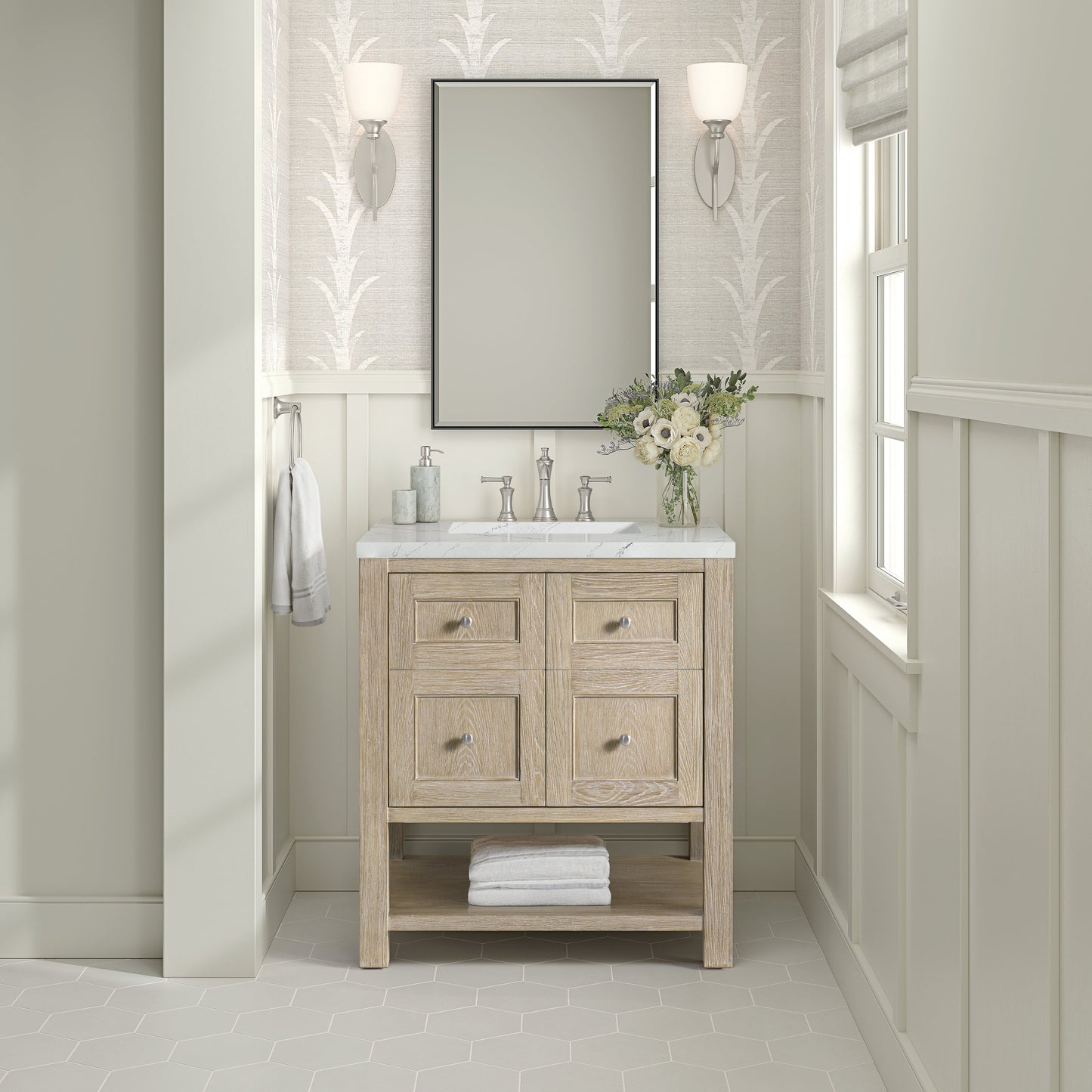 James Martin Vanities Breckenridge 30" Whitewashed Oak Single Vanity With 3 cm Ethereal Noctis Quartz Top