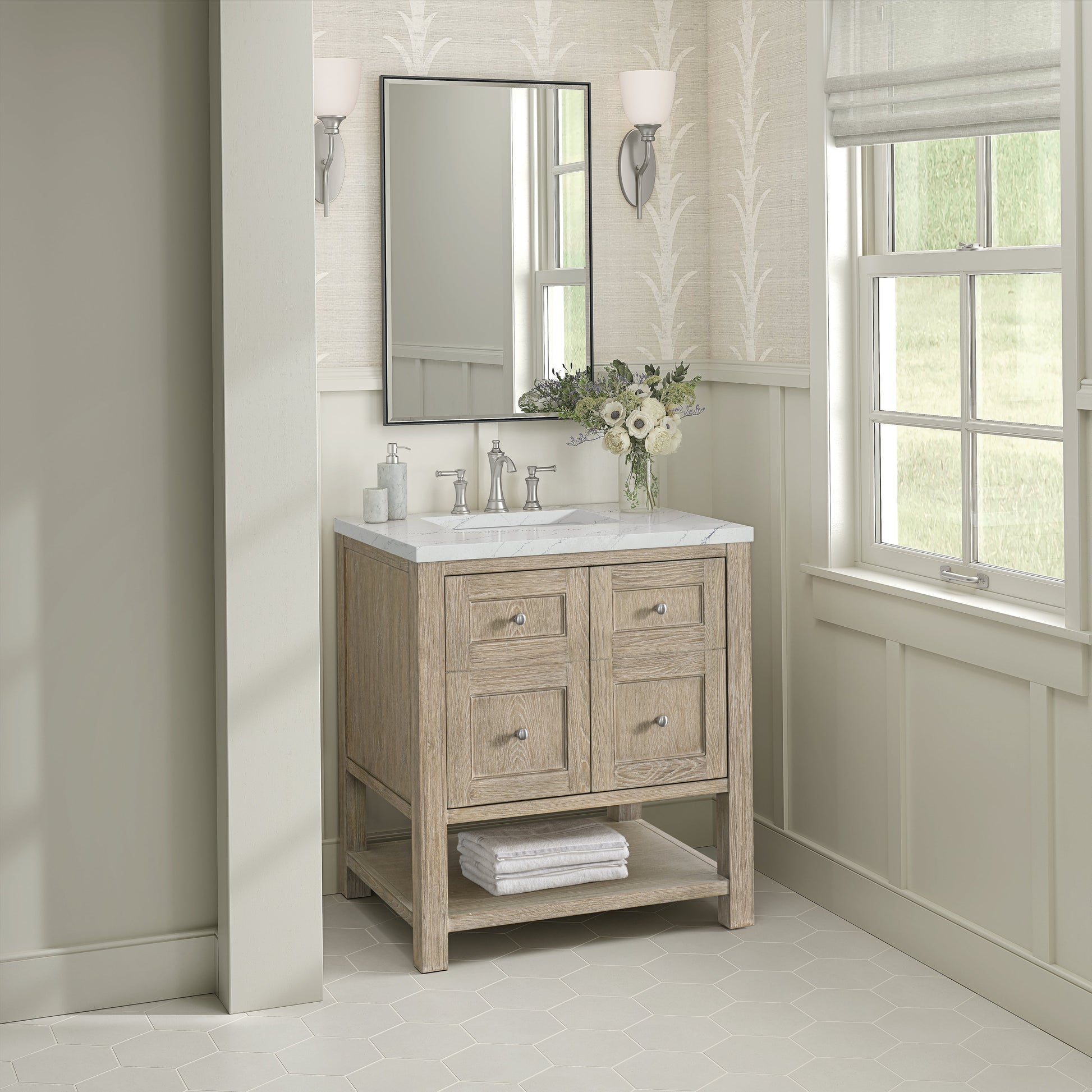 James Martin Vanities Breckenridge 30" Whitewashed Oak Single Vanity With 3 cm Ethereal Noctis Quartz Top