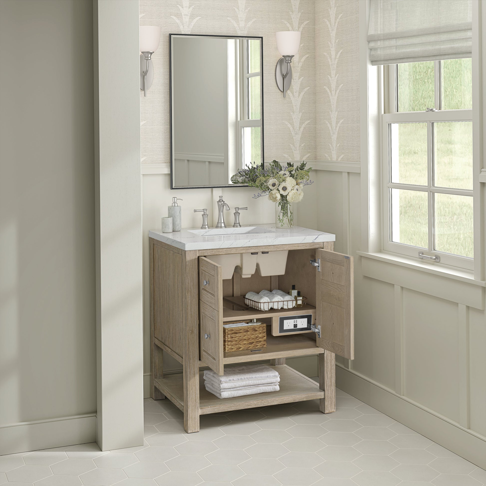 James Martin Vanities Breckenridge 30" Whitewashed Oak Single Vanity With 3 cm Ethereal Noctis Quartz Top