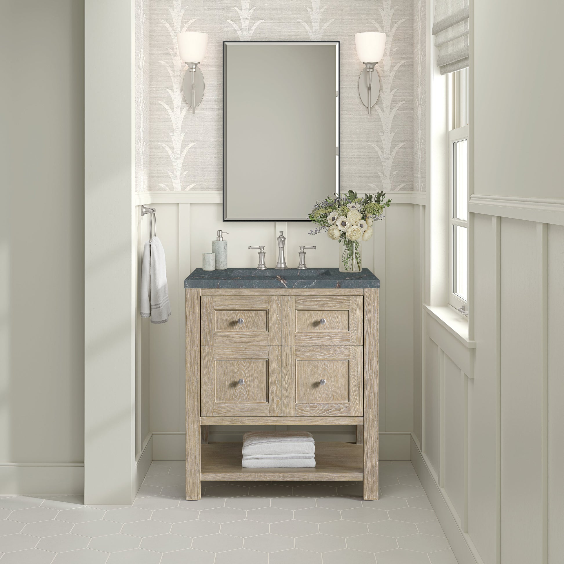 James Martin Vanities Breckenridge 30" Whitewashed Oak Single Vanity With 3 cm Parisien Bleu Quartz Top