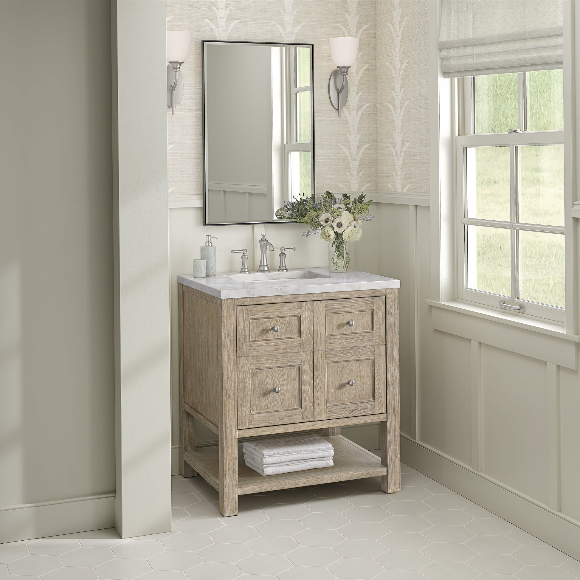 James Martin Vanities Breckenridge 30" Whitewashed Oak Single Vanity With 3 cm White Zeus Quartz Top