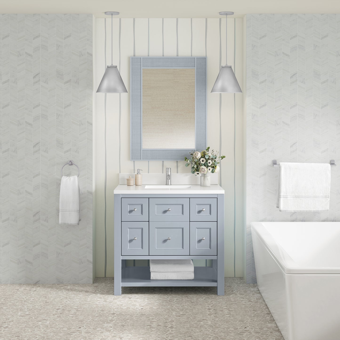 James Martin Vanities Breckenridge 36" Serenity Blue Single Vanity With Single Hole 3cm White Zeus Quartz Top and Backsplash