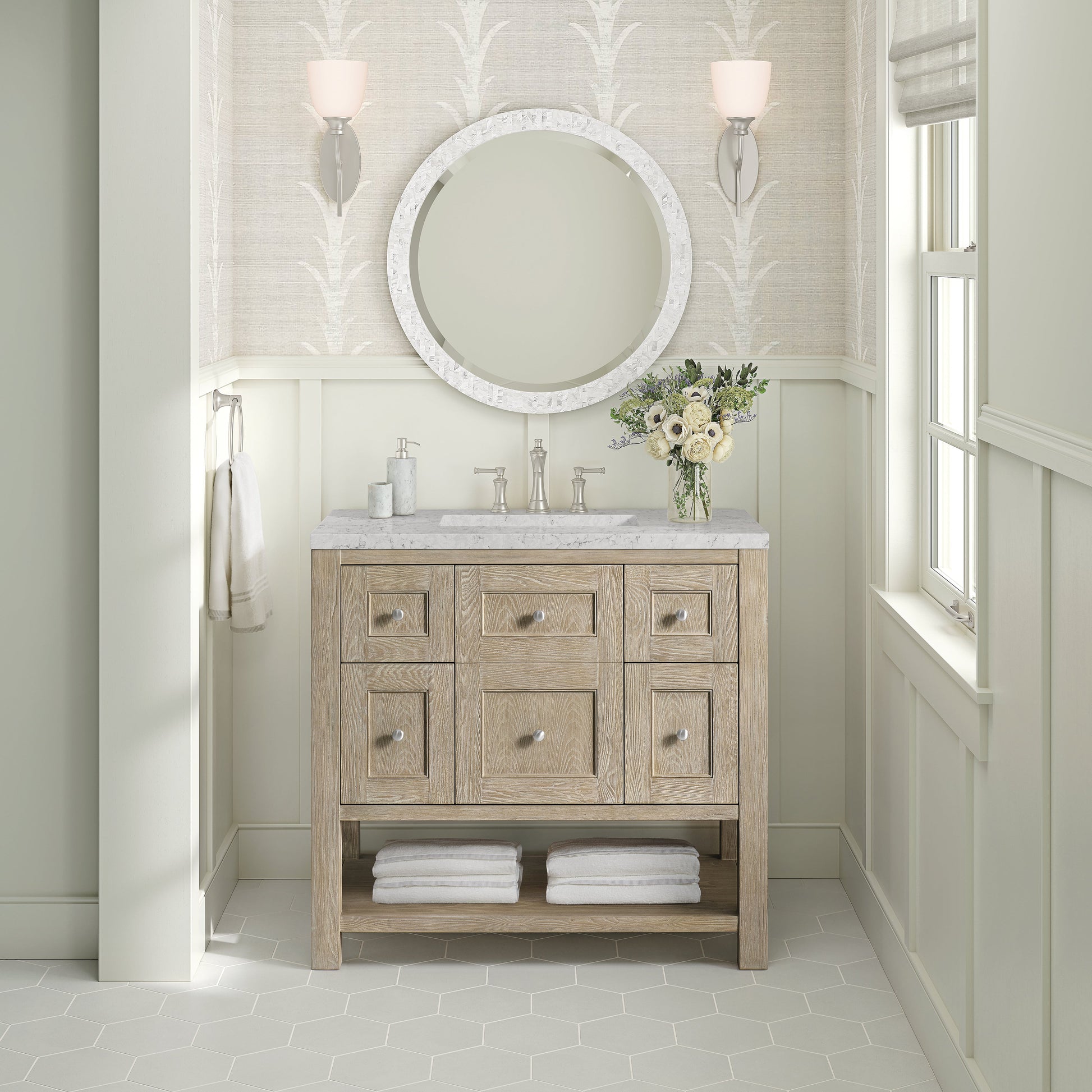 James Martin Vanities Breckenridge 36" Whitewashed Oak Single Vanity With 3 cm Eternal Jasmine Pearl Quartz Top