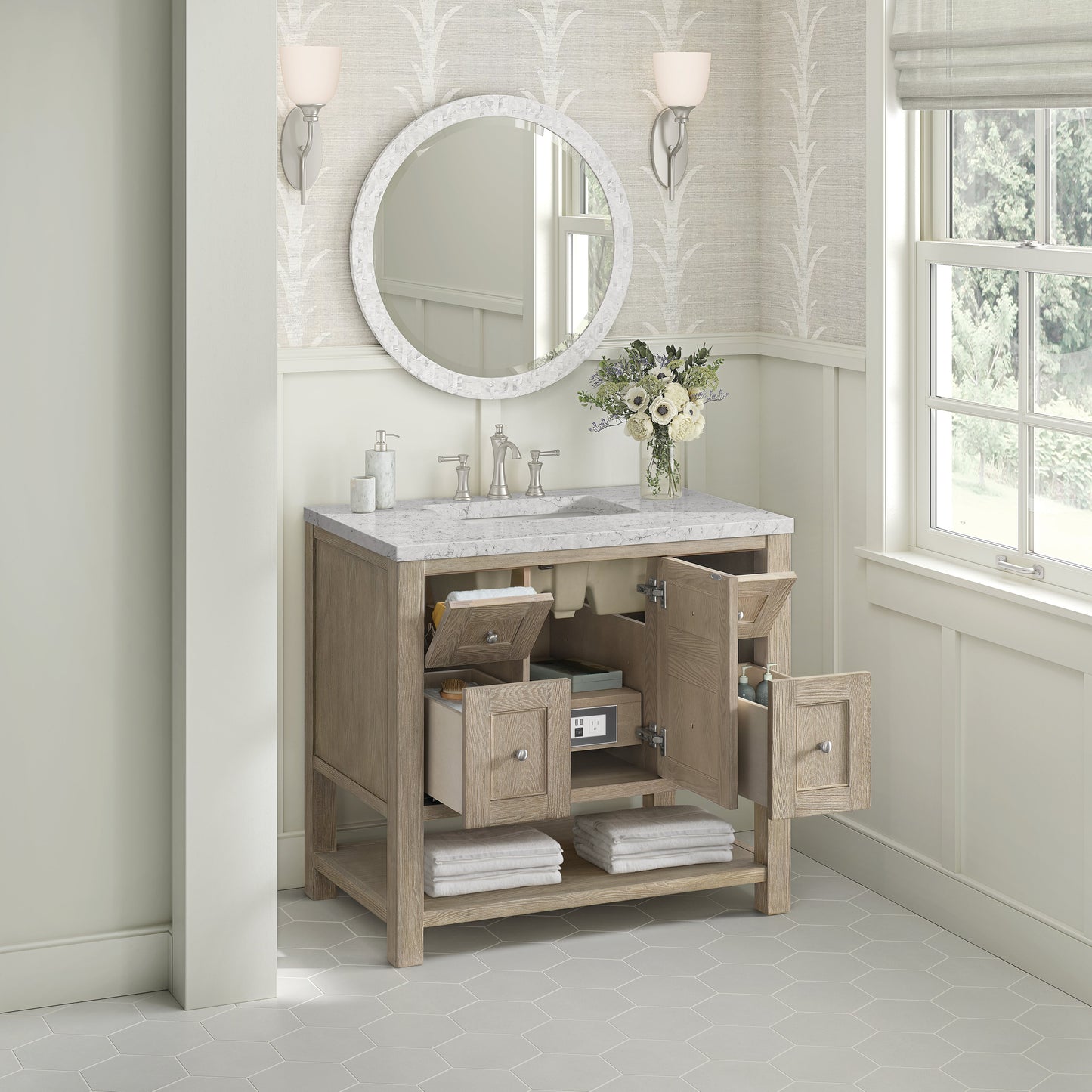 James Martin Vanities Breckenridge 36" Whitewashed Oak Single Vanity With 3 cm Eternal Jasmine Pearl Quartz Top