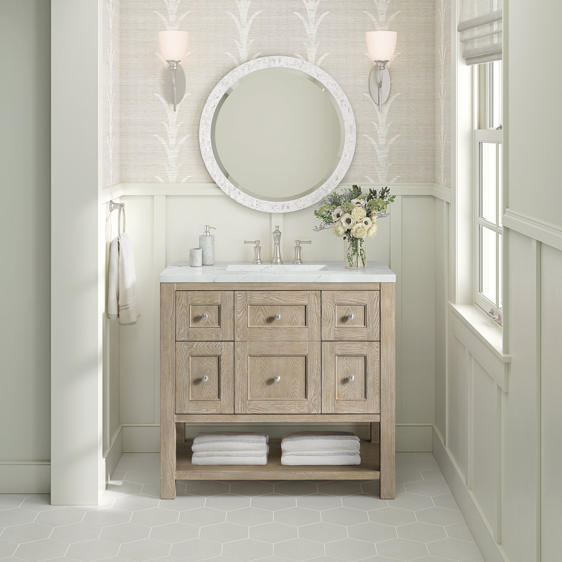 James Martin Vanities Breckenridge 36" Whitewashed Oak Single Vanity With 3 cm Ethereal Noctis Quartz Top