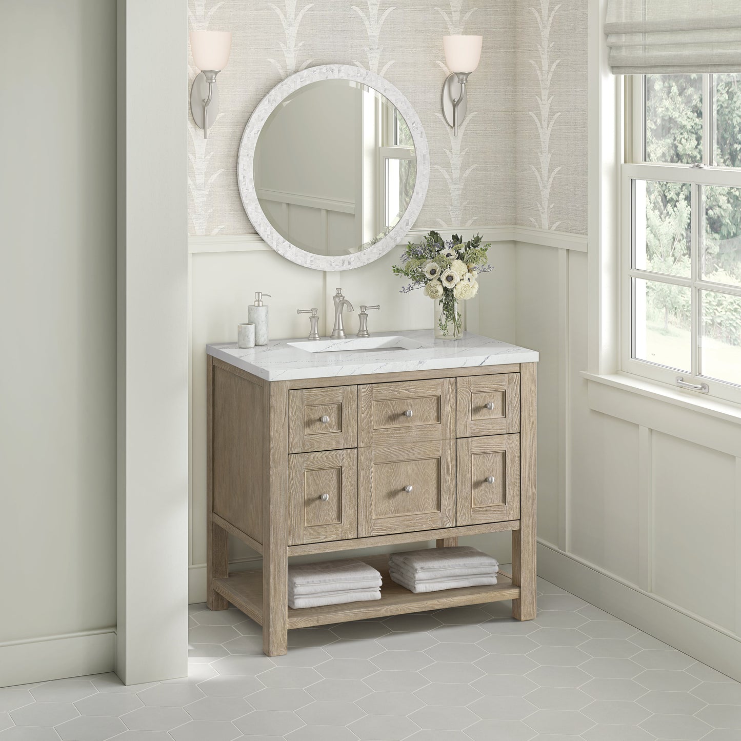 James Martin Vanities Breckenridge 36" Whitewashed Oak Single Vanity With 3 cm Ethereal Noctis Quartz Top