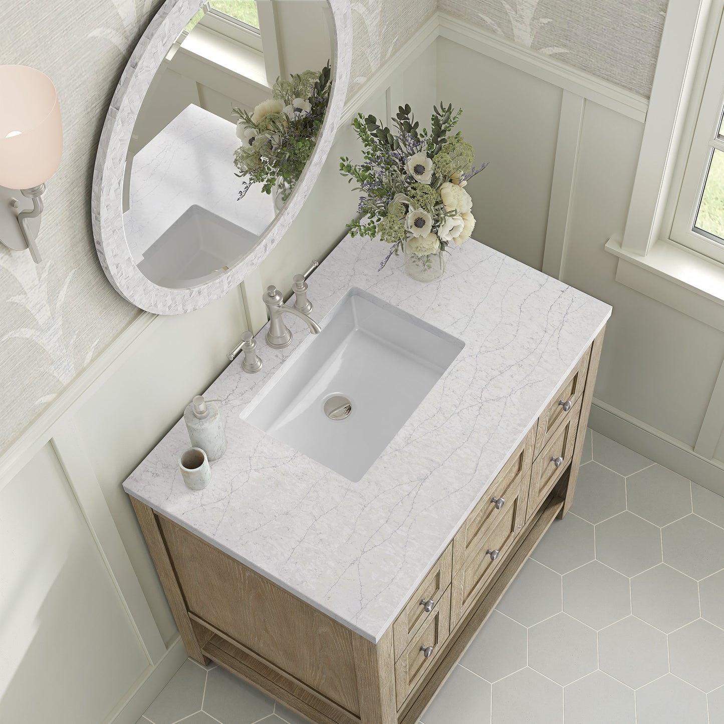 James Martin Vanities Breckenridge 36" Whitewashed Oak Single Vanity With 3 cm White Zeus Quartz Top