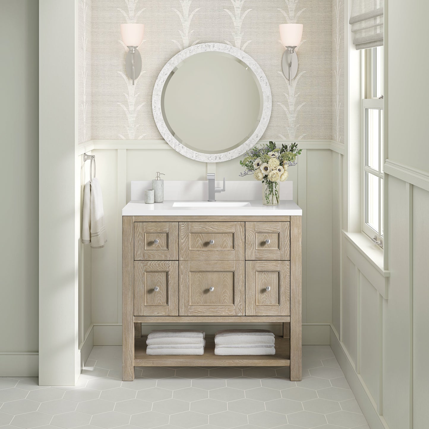 James Martin Vanities Breckenridge 36" Whitewashed Oak Single Vanity With Single Hole 3CM White Zeus Quartz Top & Backsplash