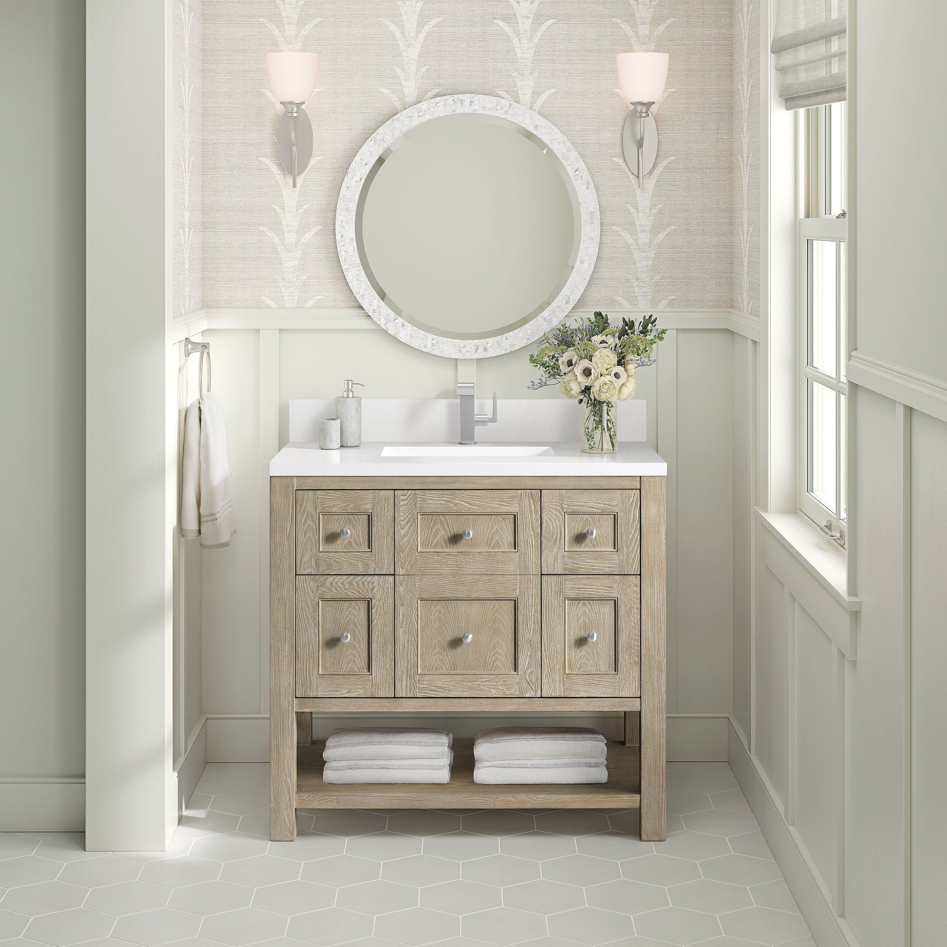 James Martin Vanities Breckenridge 36" Whitewashed Oak Single Vanity With Single Hole 3CM White Zeus Quartz Top & Backsplash