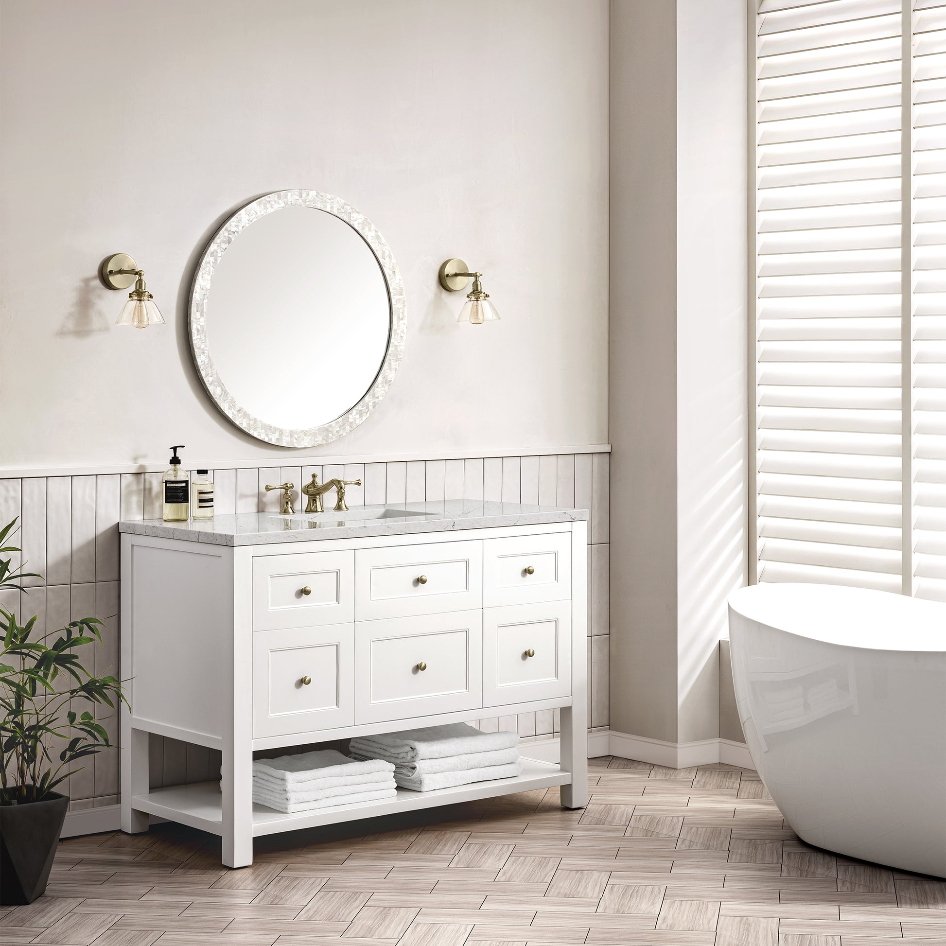 James Martin Vanities Breckenridge 48" Bright White Single Vanity With 3 cm Eternal Jasmine Pearl Top and FreePower Wireless Charger