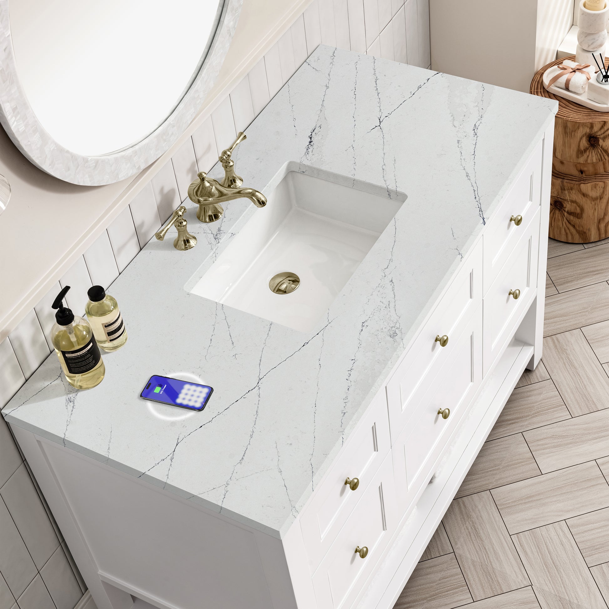 James Martin Vanities Breckenridge 48" Bright White Single Vanity With 3 cm Ethereal Noctis Top and FreePower Wireless Charger