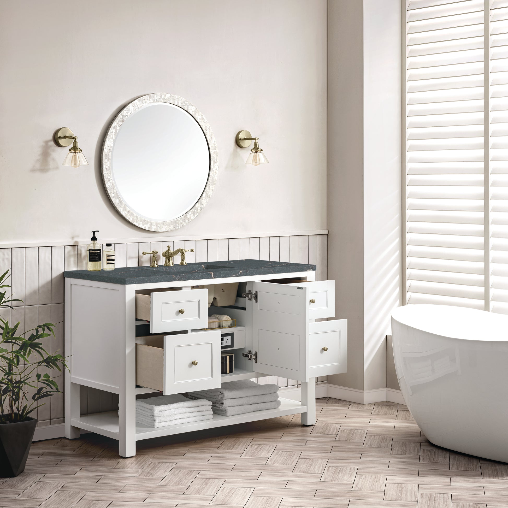 James Martin Vanities Breckenridge 48" Bright White Single Vanity With 3 cm Parisien Bleu Top and FreePower Wireless Charger