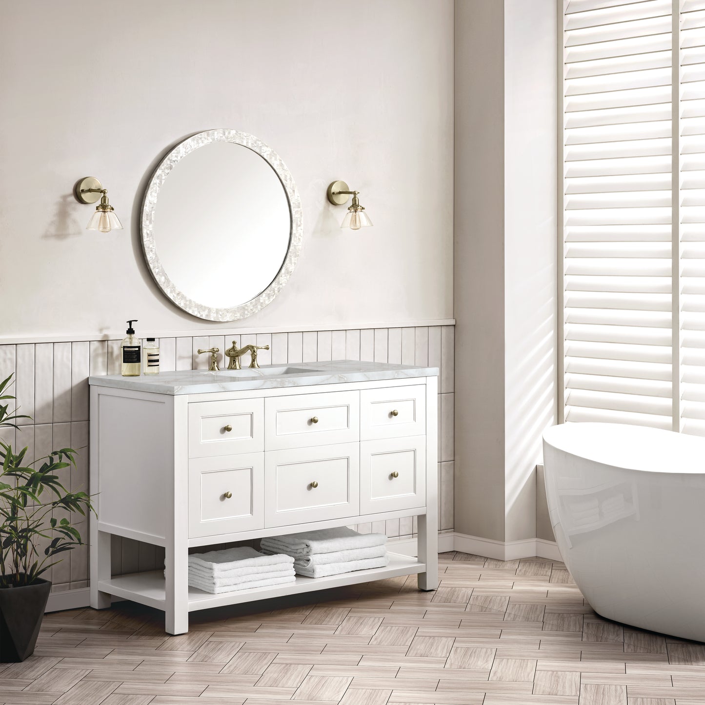 James Martin Vanities Breckenridge 48" Bright White Single Vanity With 3 cm Victorian Silver Top and FreePower Wireless Charger