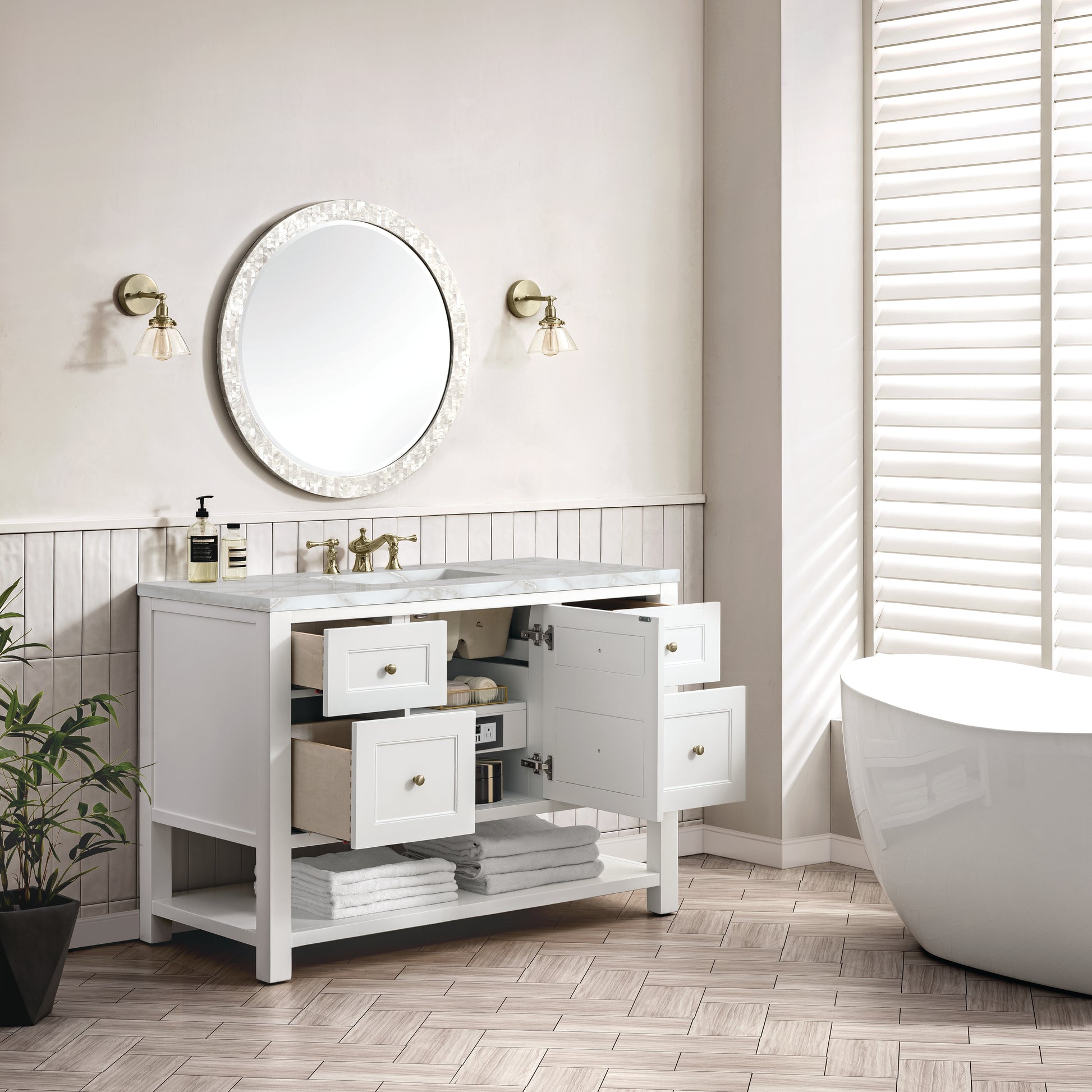 James Martin Vanities Breckenridge 48" Bright White Single Vanity With 3 cm Victorian Silver Top and FreePower Wireless Charger