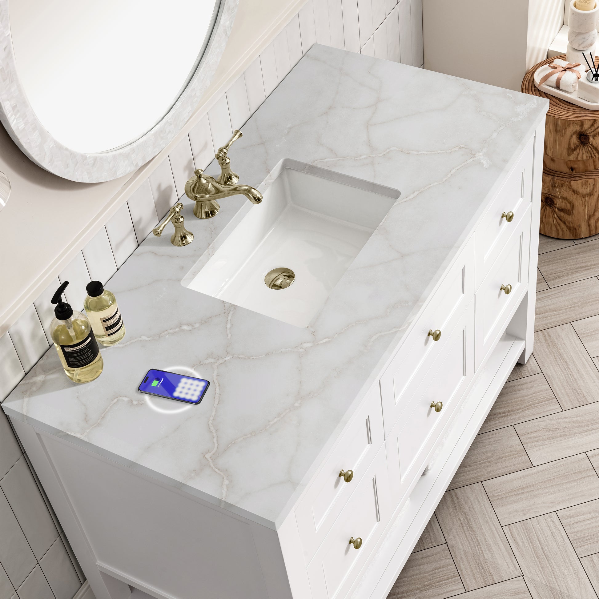 James Martin Vanities Breckenridge 48" Bright White Single Vanity With 3 cm Victorian Silver Top and FreePower Wireless Charger