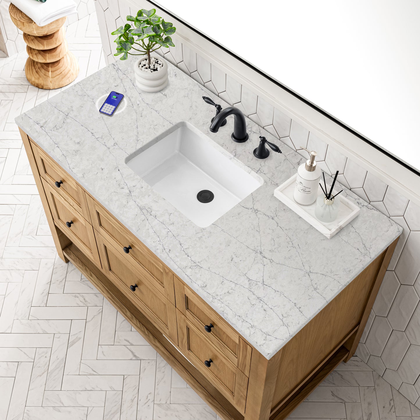 James Martin Vanities Breckenridge 48" Light Natural Oak Single Vanity With 3 cm Eternal Jasmine Pearl Top and FreePower Wireless Charger