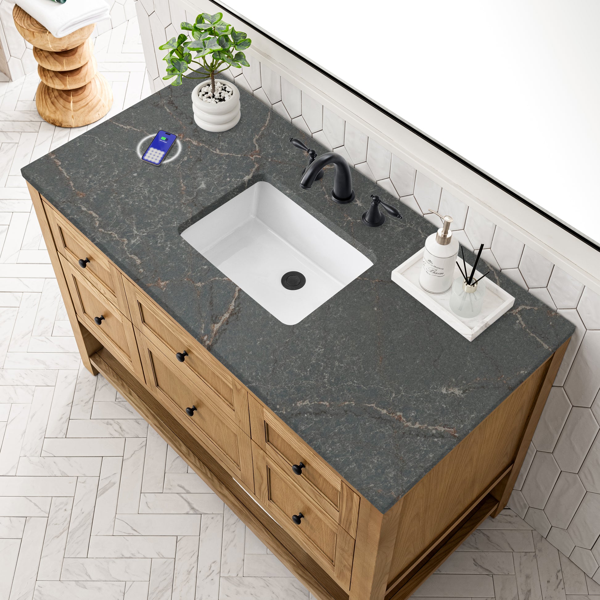 James Martin Vanities Breckenridge 48" Light Natural Oak Single Vanity With 3 cm Parisien Bleu Top and FreePower Wireless Charger