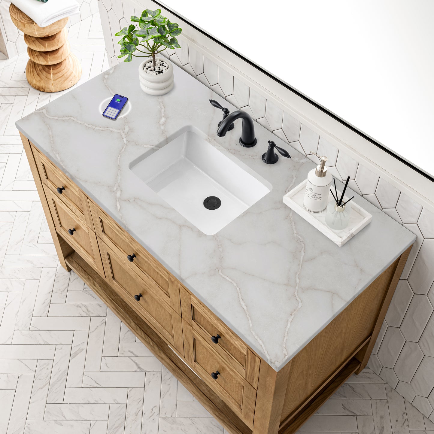 James Martin Vanities Breckenridge 48" Light Natural Oak Single Vanity With 3 cm Victorian Silver Top and FreePower Wireless Charger