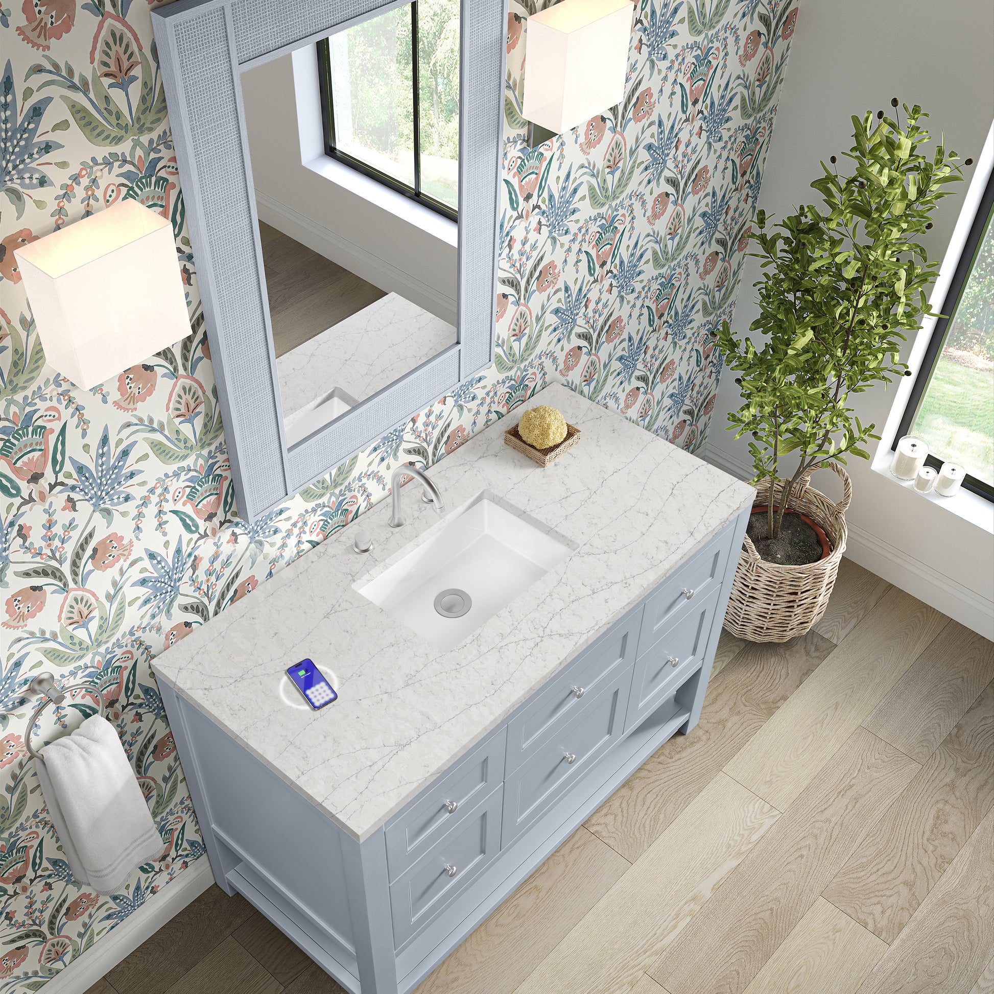 James Martin Vanities Breckenridge 48" Serenity Blue Single Vanity With 3 cm Eternal Jasmine Pearl Quartz Top and FreePower Wireless Charger