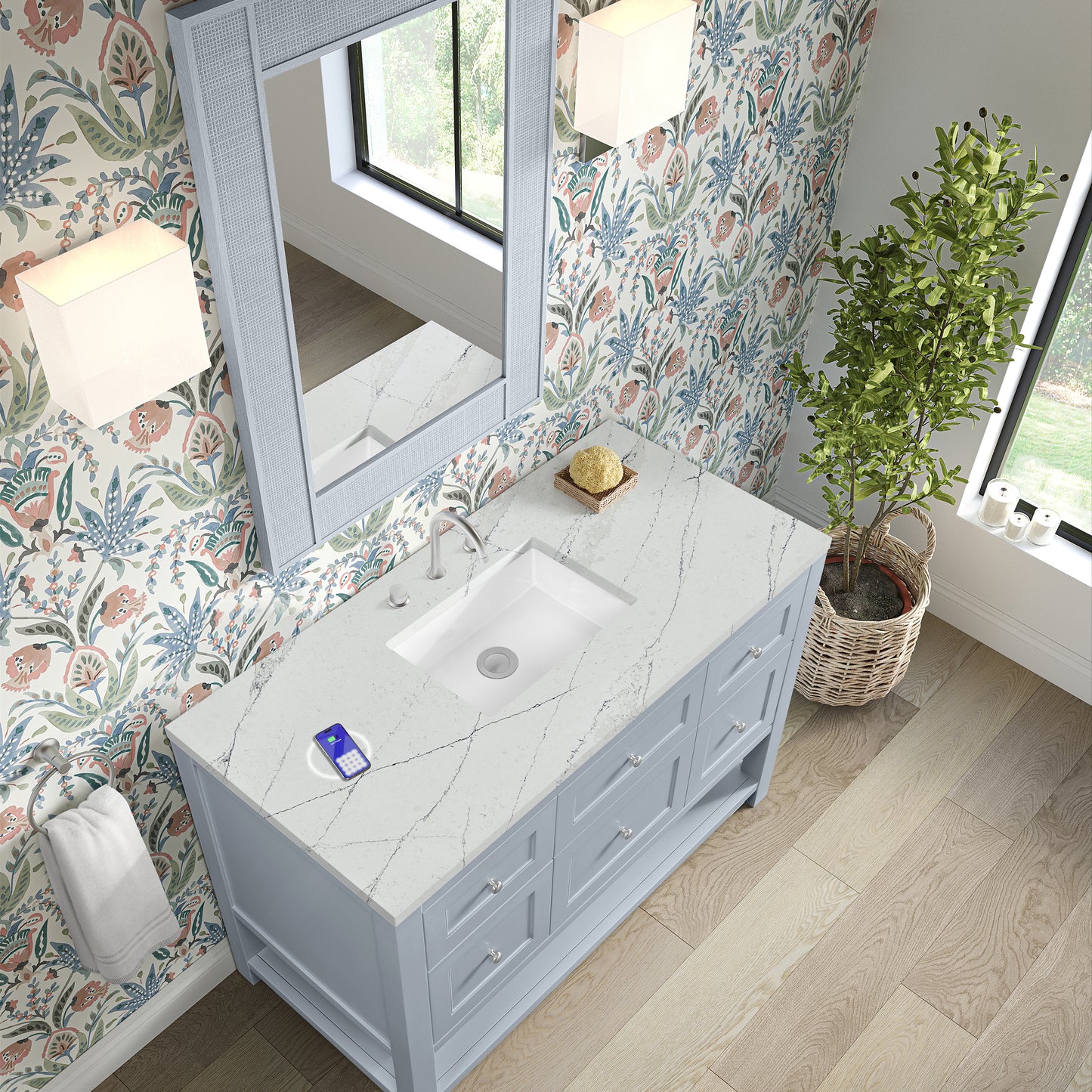 James Martin Vanities Breckenridge 48" Serenity Blue Single Vanity With 3 cm Ethereal Noctis Quartz Top and FreePower Wireless Charger