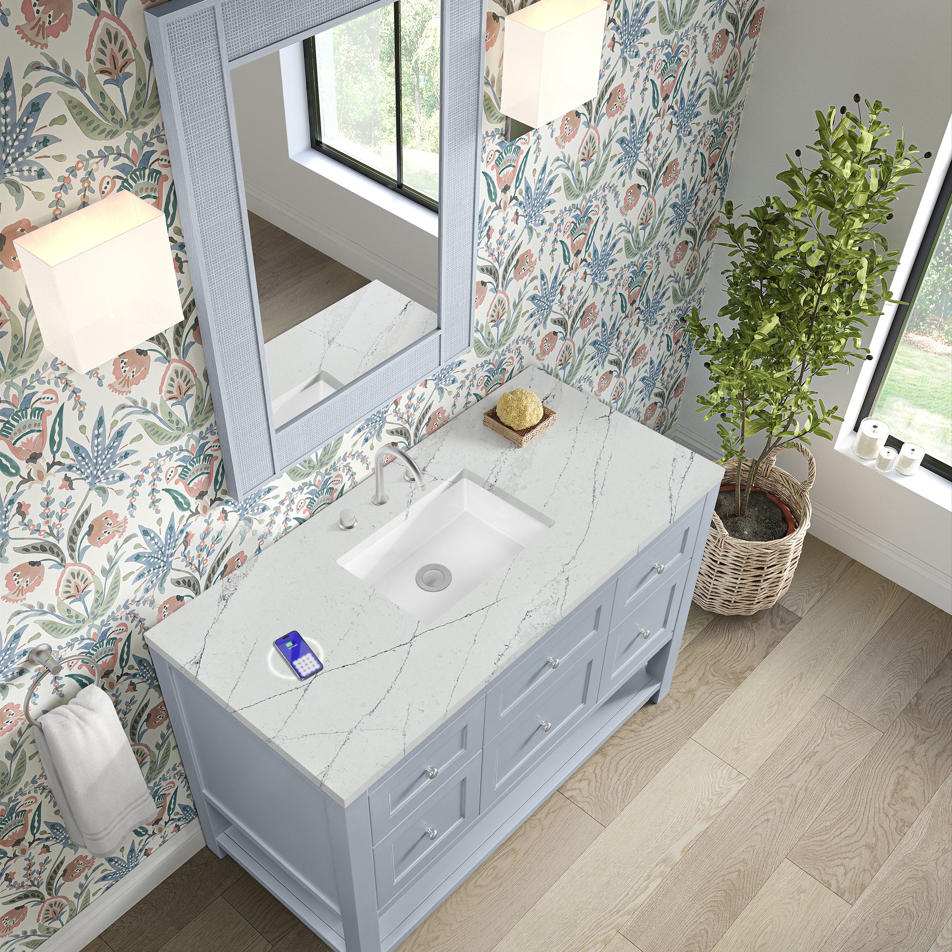 James Martin Vanities Breckenridge 48" Serenity Blue Single Vanity With 3 cm Ethereal Noctis Quartz Top and FreePower Wireless Charger