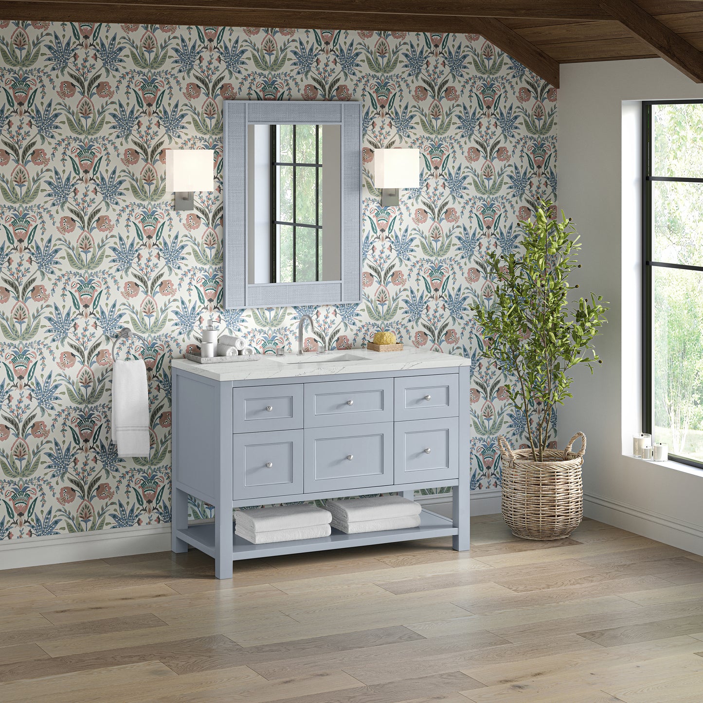 James Martin Vanities Breckenridge 48" Serenity Blue Single Vanity With 3 cm Ethereal Noctis Quartz Top and FreePower Wireless Charger
