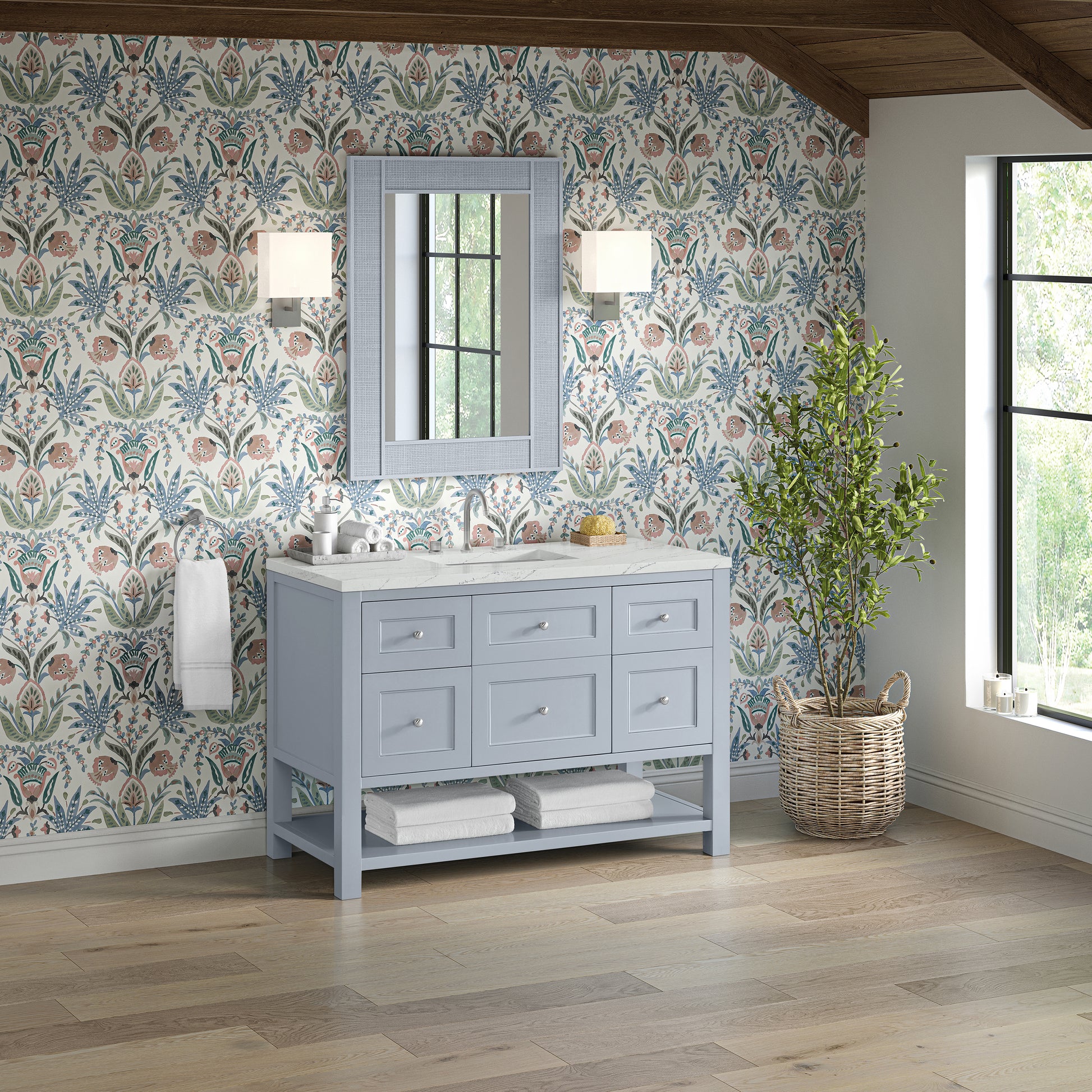 James Martin Vanities Breckenridge 48" Serenity Blue Single Vanity With 3 cm Ethereal Noctis Quartz Top and FreePower Wireless Charger
