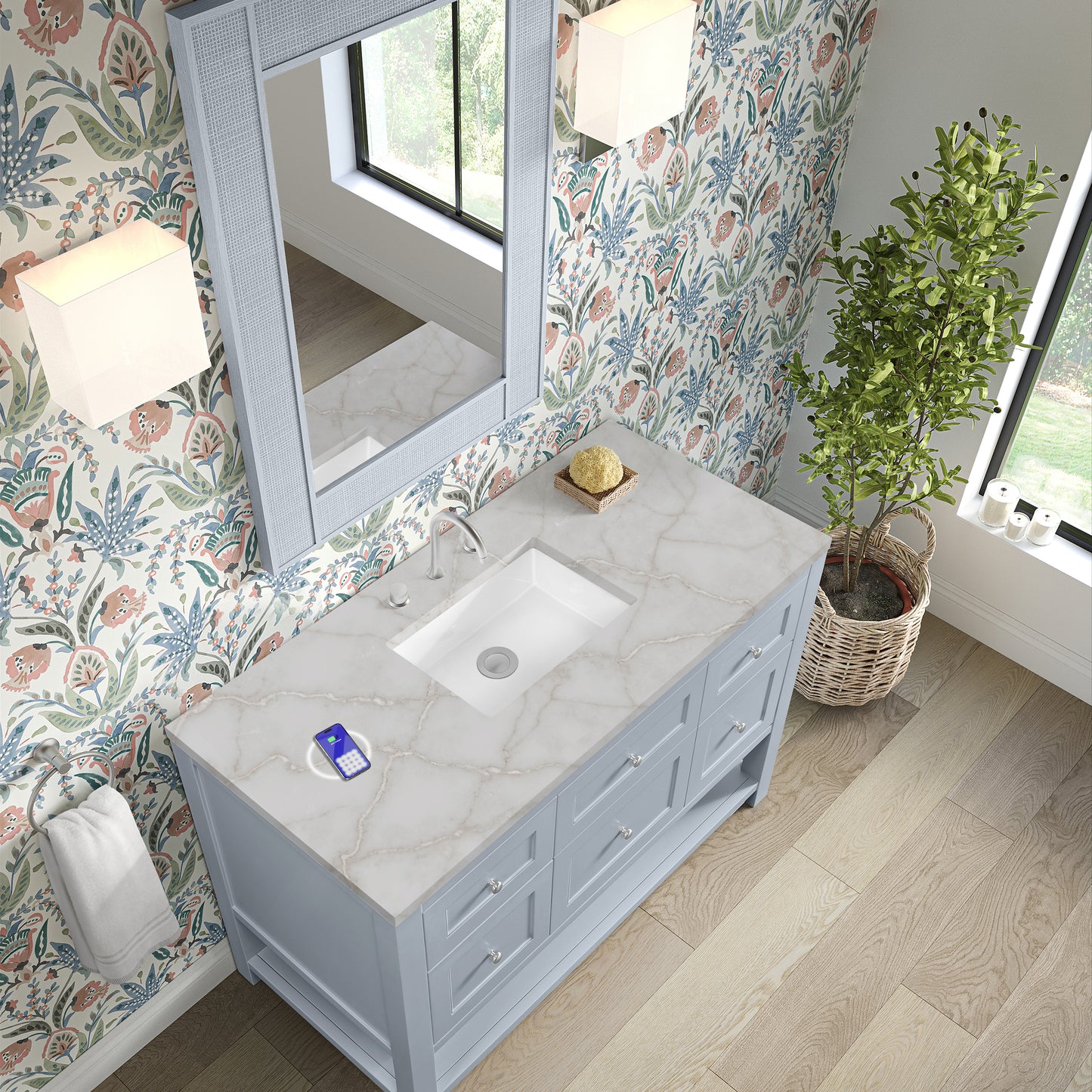 James Martin Vanities Breckenridge 48" Serenity Blue Single Vanity With 3 cm Victorian Silver Quartz Top and FreePower Wireless Charger