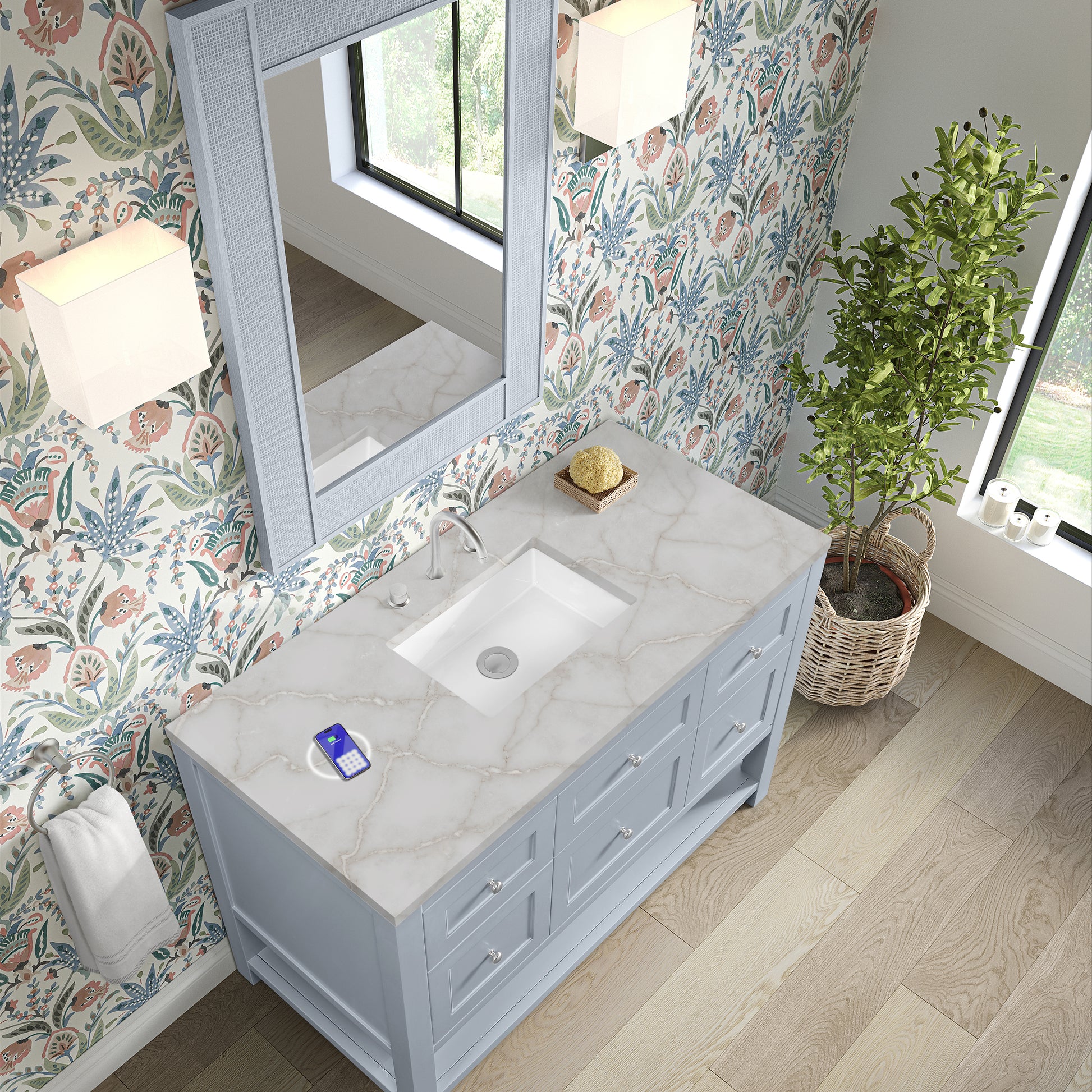 James Martin Vanities Breckenridge 48" Serenity Blue Single Vanity With 3 cm Victorian Silver Quartz Top and FreePower Wireless Charger