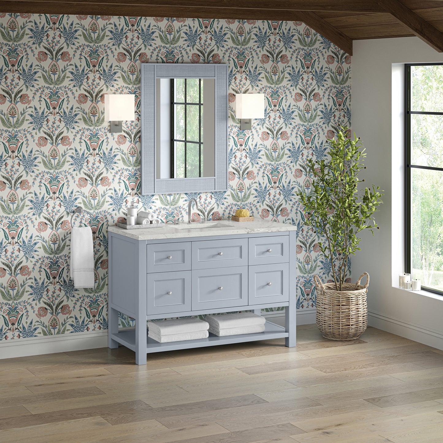 James Martin Vanities Breckenridge 48" Serenity Blue Single Vanity With 3 cm Victorian Silver Quartz Top and FreePower Wireless Charger