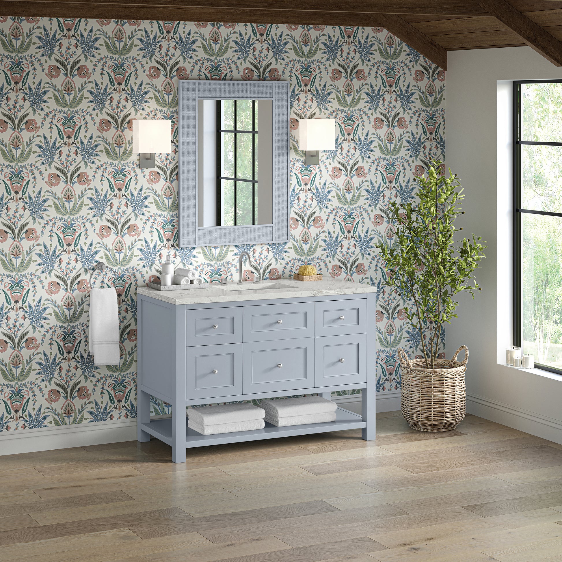 James Martin Vanities Breckenridge 48" Serenity Blue Single Vanity With 3 cm Victorian Silver Quartz Top and FreePower Wireless Charger