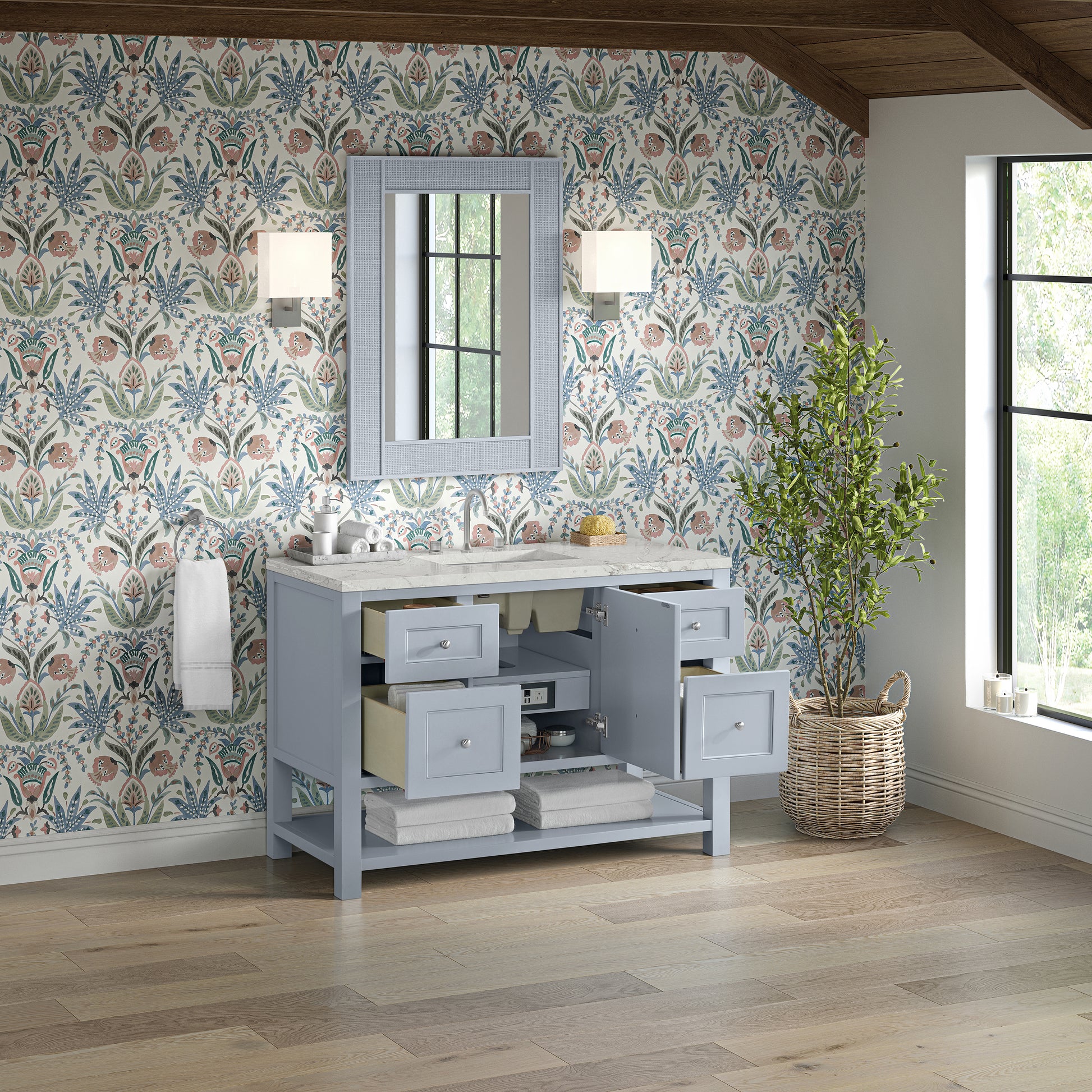 James Martin Vanities Breckenridge 48" Serenity Blue Single Vanity With 3 cm Victorian Silver Quartz Top and FreePower Wireless Charger