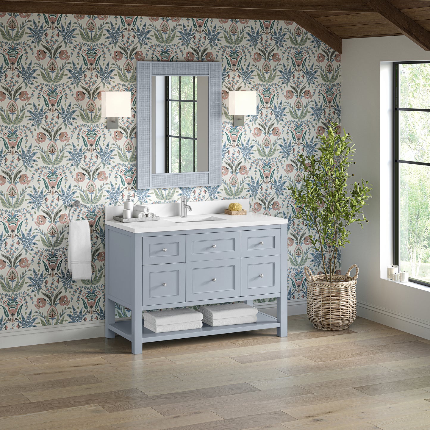 James Martin Vanities Breckenridge 48" Serenity Blue Single Vanity With Single Hole 3cm White Zeus Quartz Top and Backsplash