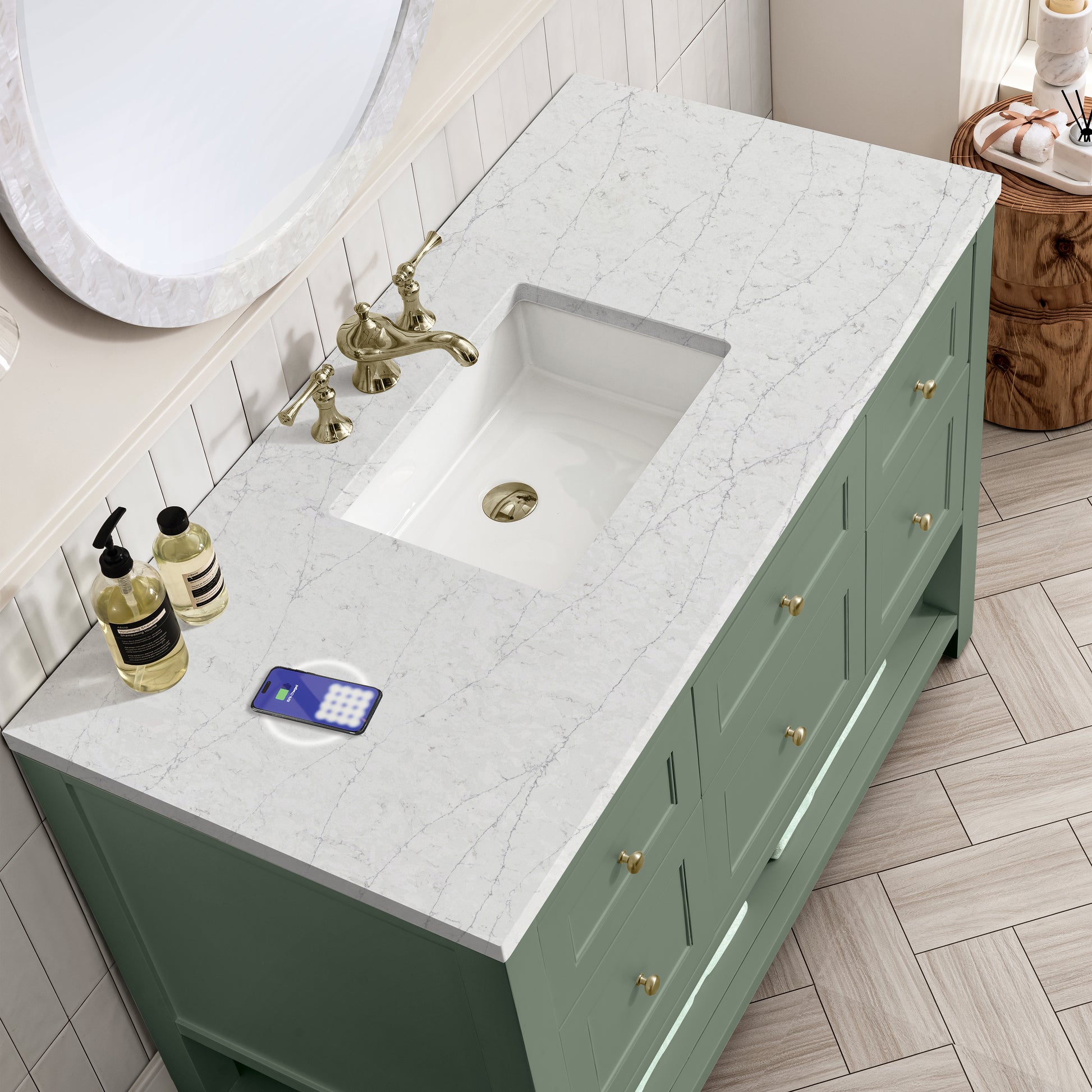 James Martin Vanities Breckenridge 48" Smokey Celadon Single Vanity With 3 cm Eternal Jasmine Pearl Top and FreePower Wireless Charger