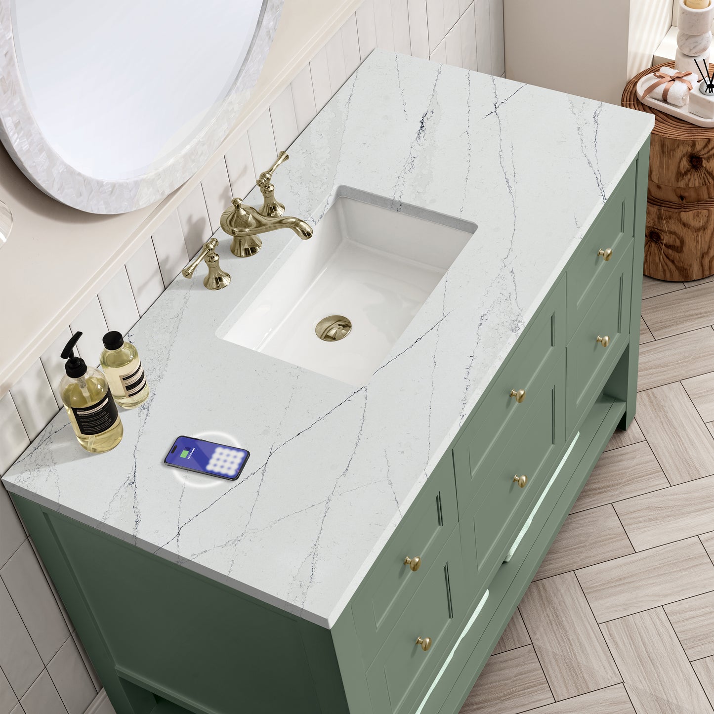 James Martin Vanities Breckenridge 48" Smokey Celadon Single Vanity With 3 cm Ethereal Noctis Top and FreePower Wireless Charger