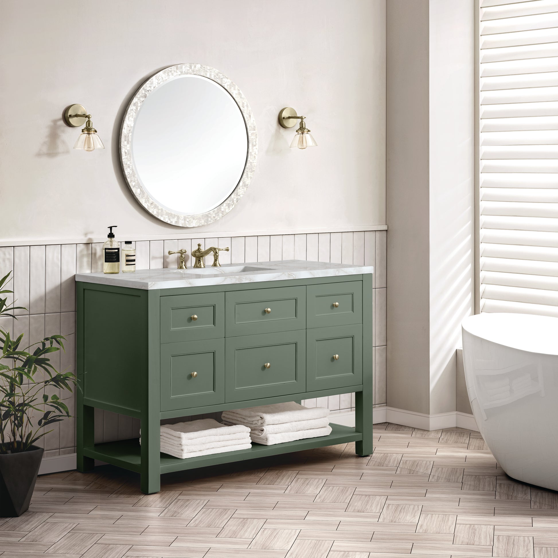 James Martin Vanities Breckenridge 48" Smokey Celadon Single Vanity With 3 cm Victorian Silver Top and FreePower Wireless Charger