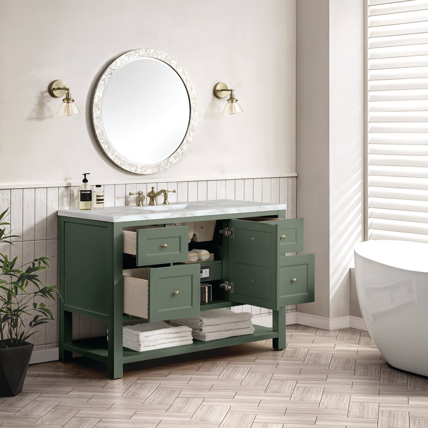 James Martin Vanities Breckenridge 48" Smokey Celadon Single Vanity With 3 cm Victorian Silver Top and FreePower Wireless Charger