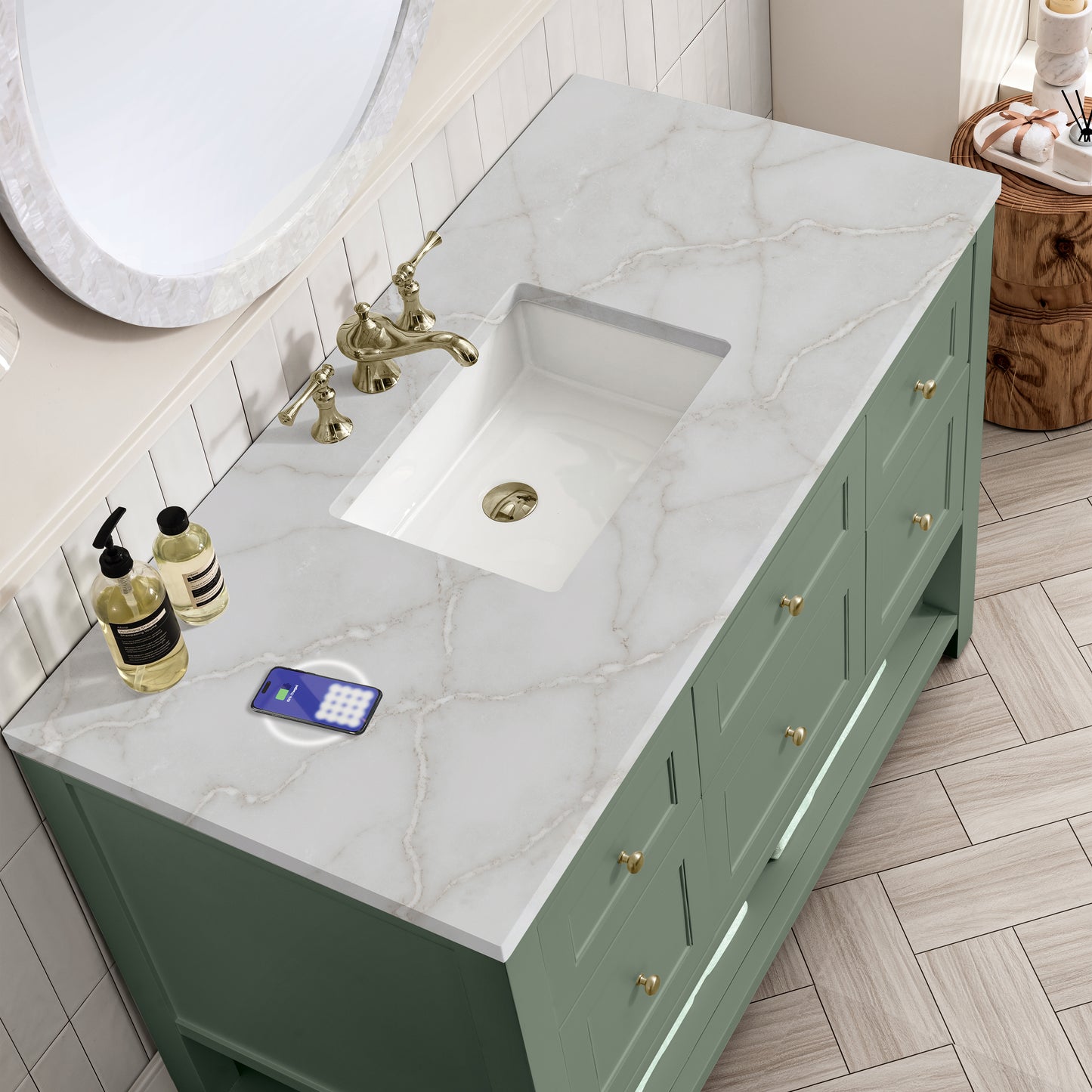 James Martin Vanities Breckenridge 48" Smokey Celadon Single Vanity With 3 cm Victorian Silver Top and FreePower Wireless Charger