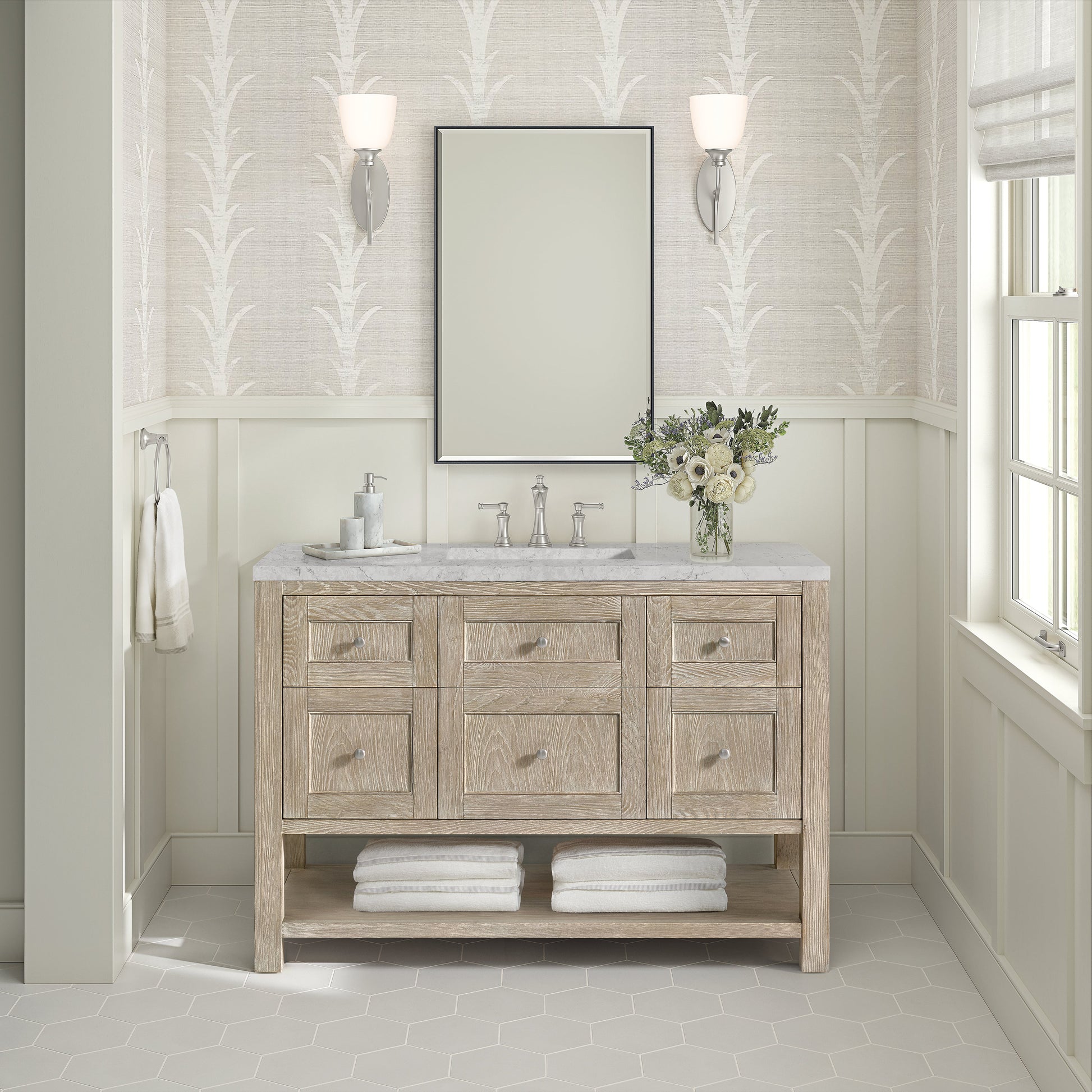 James Martin Vanities Breckenridge 48" Whitewashed Oak Single Vanity With 3 cm Eternal Jasmine Pearl Quartz Top