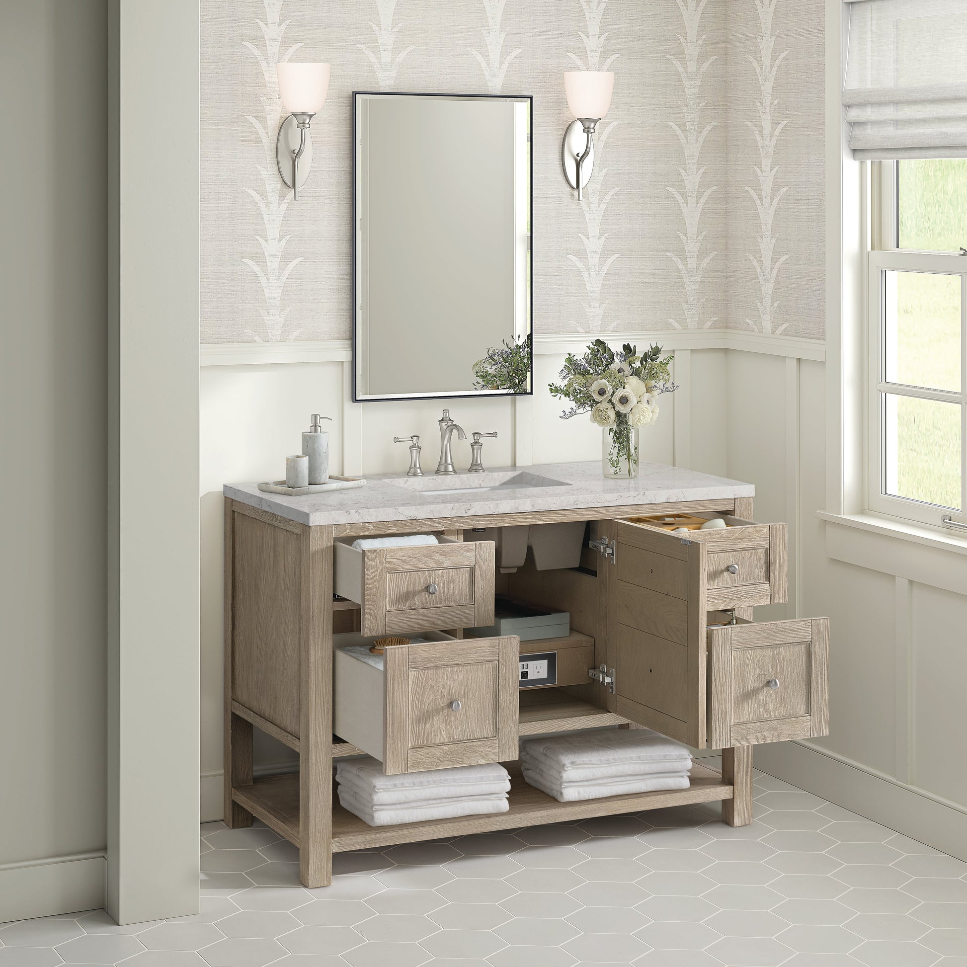 James Martin Vanities Breckenridge 48" Whitewashed Oak Single Vanity With 3 cm Eternal Jasmine Pearl Quartz Top