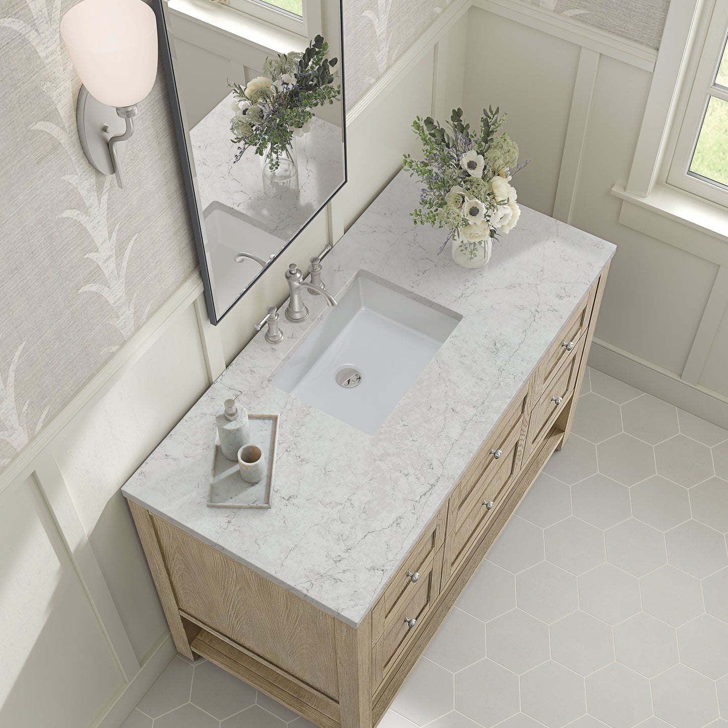 James Martin Vanities Breckenridge 48" Whitewashed Oak Single Vanity With 3 cm Eternal Jasmine Pearl Quartz Top