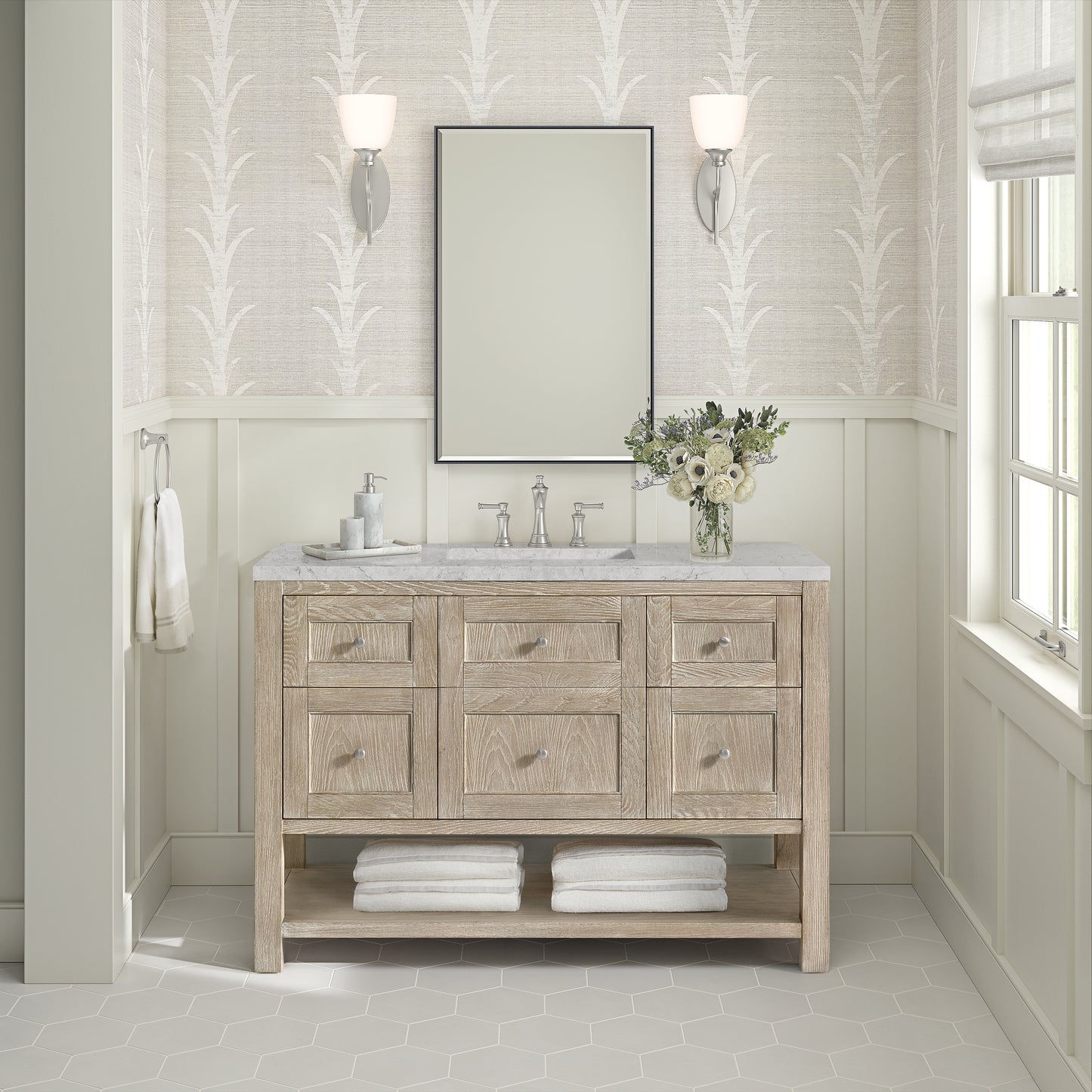 James Martin Vanities Breckenridge 48" Whitewashed Oak Single Vanity With 3 cm Eternal Jasmine Pearl Silestone Top and FreePower Wireless Charger