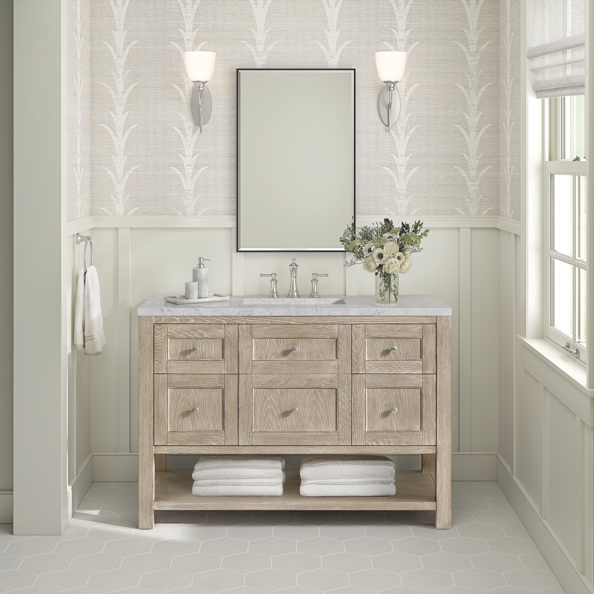 James Martin Vanities Breckenridge 48" Whitewashed Oak Single Vanity With 3 cm Eternal Jasmine Pearl Silestone Top and FreePower Wireless Charger