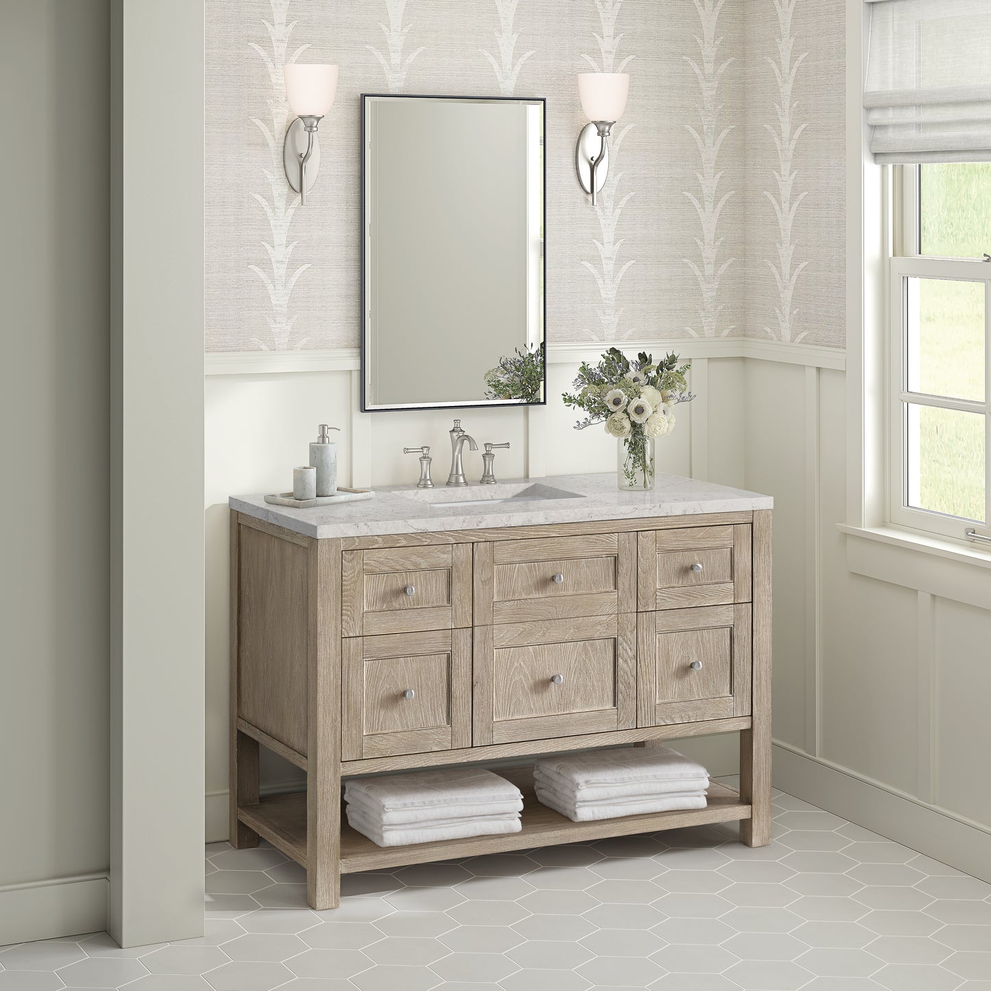 James Martin Vanities Breckenridge 48" Whitewashed Oak Single Vanity With 3 cm Eternal Jasmine Pearl Silestone Top and FreePower Wireless Charger