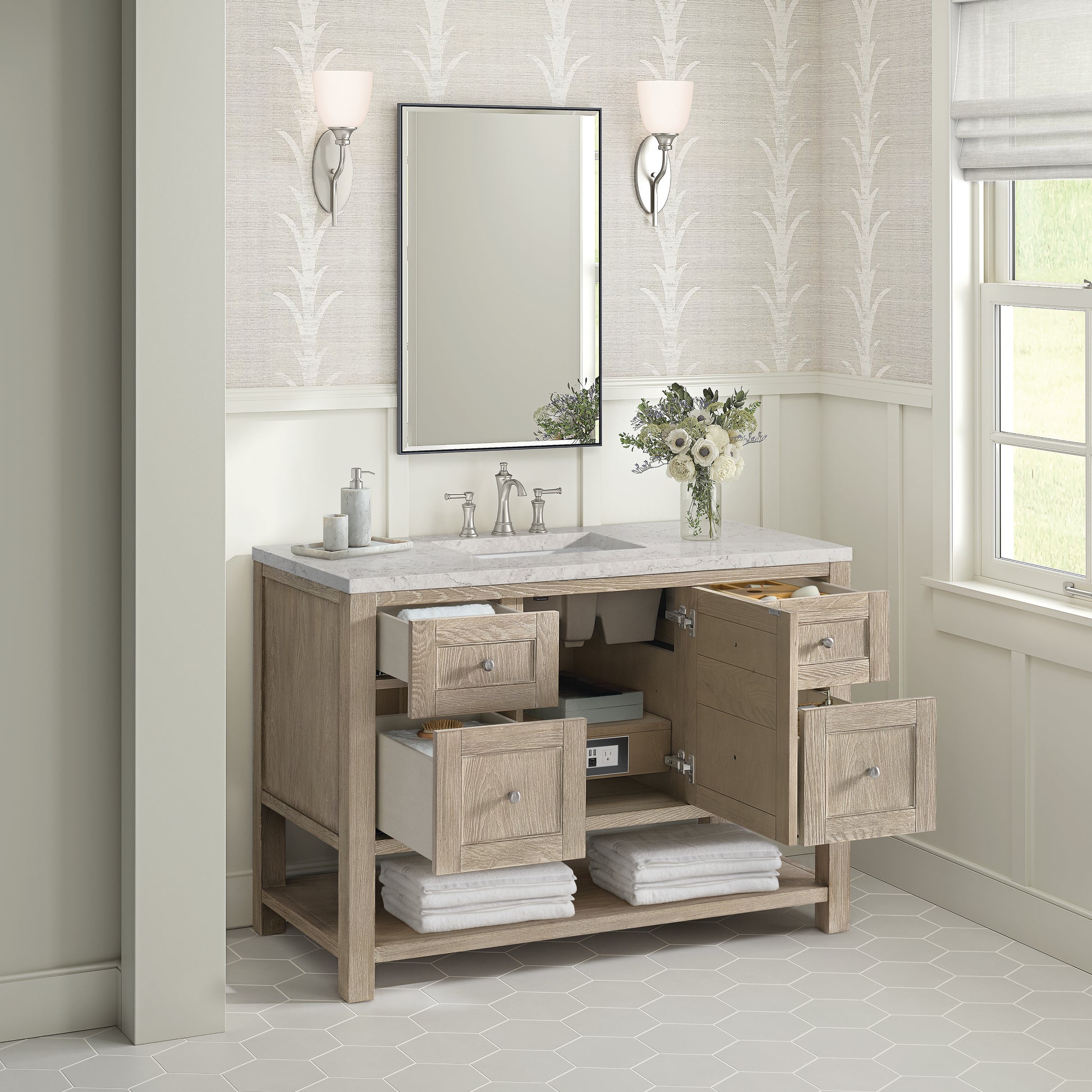 James Martin Vanities Breckenridge 48" Whitewashed Oak Single Vanity With 3 cm Eternal Jasmine Pearl Silestone Top and FreePower Wireless Charger