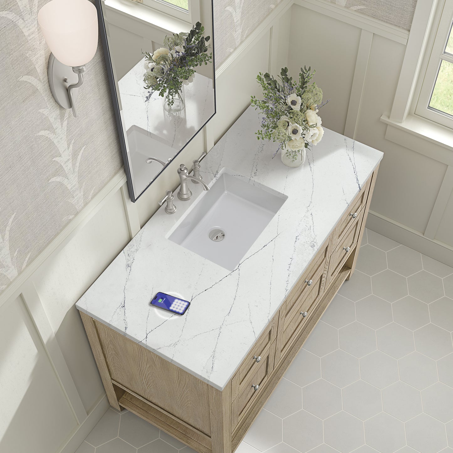 James Martin Vanities Breckenridge 48" Whitewashed Oak Single Vanity With 3 cm Ethereal Noctis Silestone Top and FreePower Wireless Charger