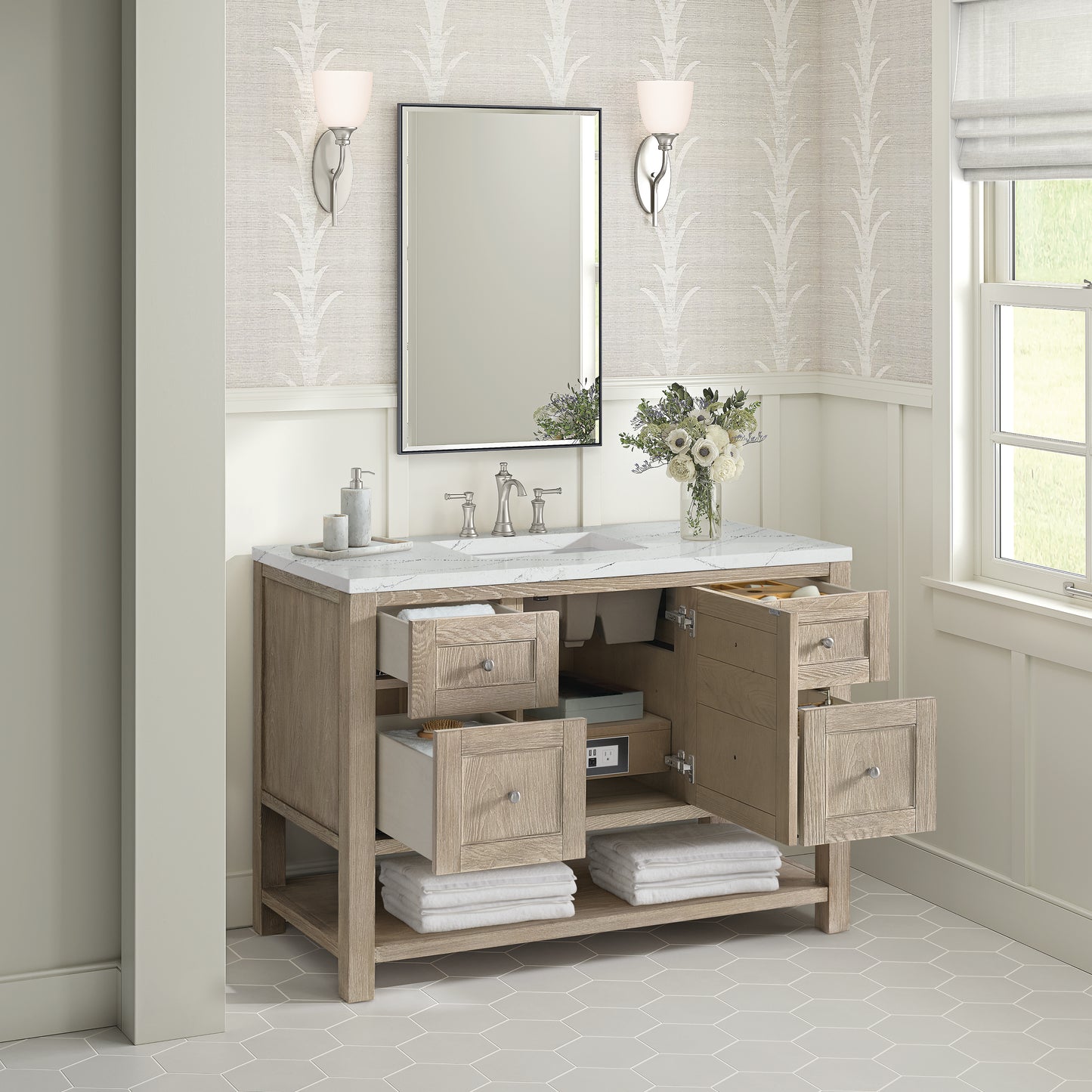James Martin Vanities Breckenridge 48" Whitewashed Oak Single Vanity With 3 cm Ethereal Noctis Silestone Top and FreePower Wireless Charger