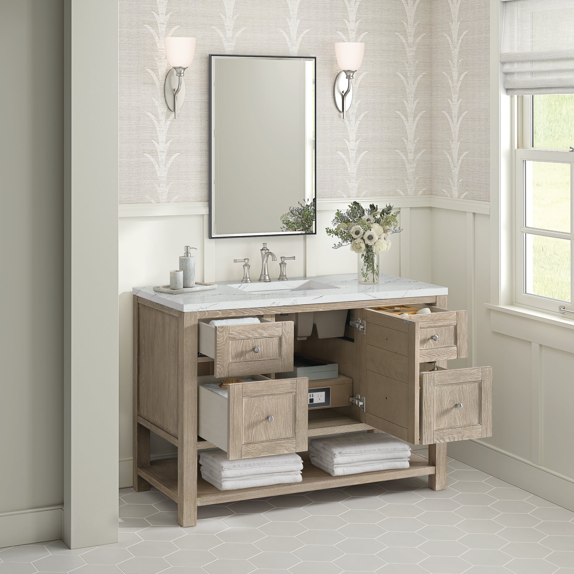 James Martin Vanities Breckenridge 48" Whitewashed Oak Single Vanity With 3 cm Ethereal Noctis Silestone Top and FreePower Wireless Charger