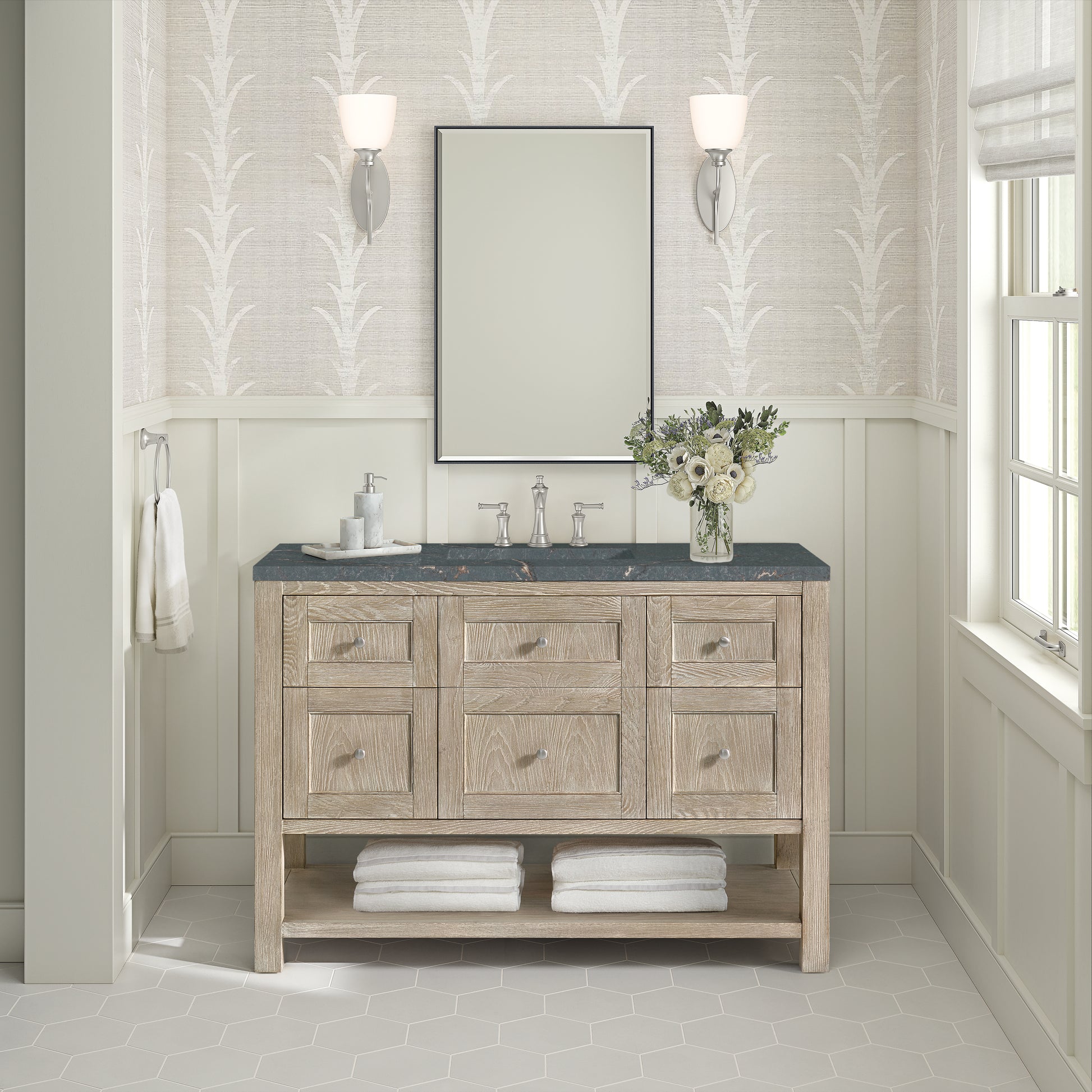 James Martin Vanities Breckenridge 48" Whitewashed Oak Single Vanity With 3 cm Parisien Bleu Silestone Top and FreePower Wireless Charger